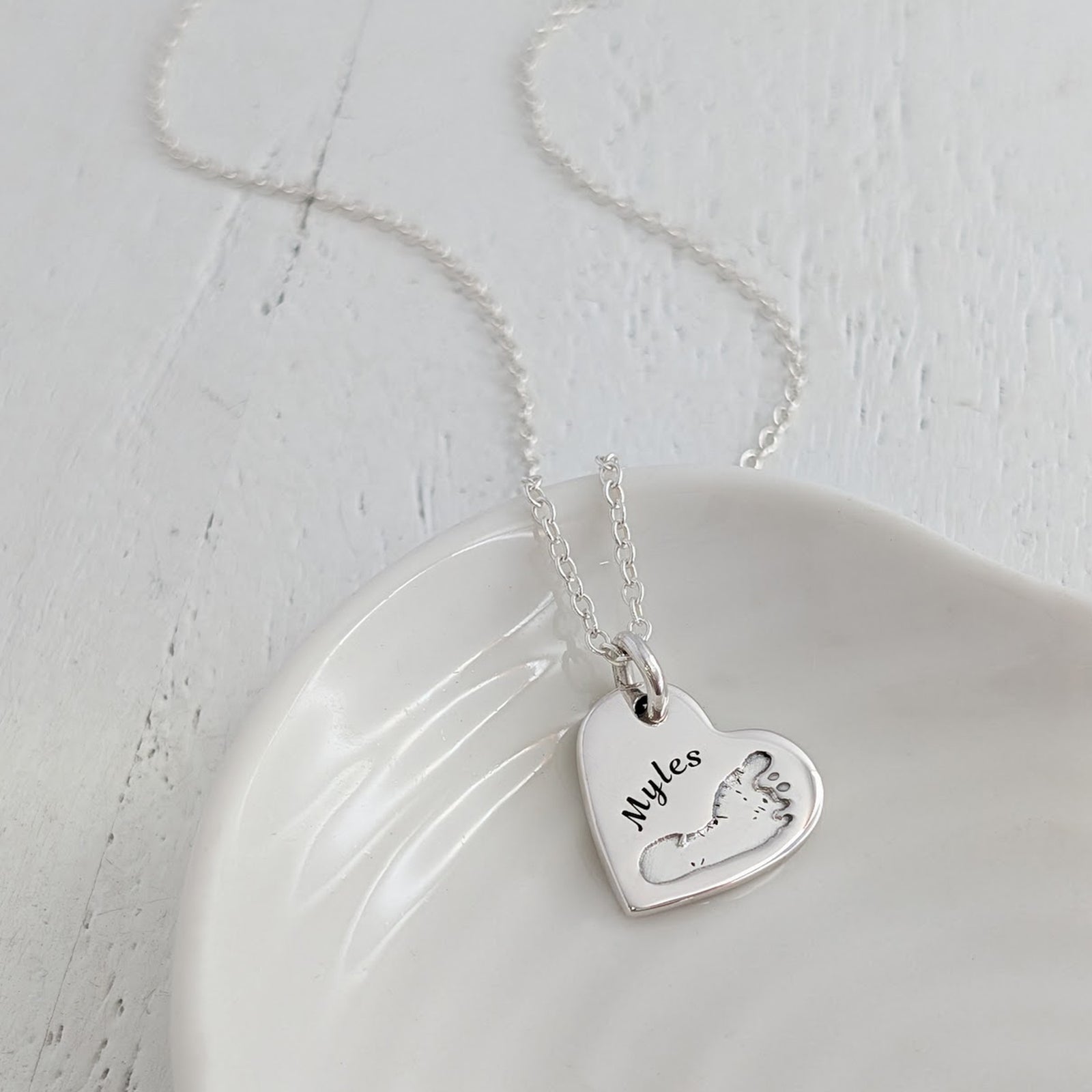 Handprint and Footprint Heart Charm personalised with your baby's own print and name in silver or gold