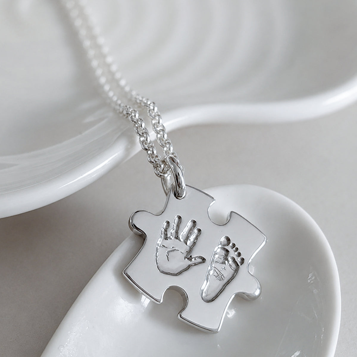 Baby Handprint and Footprint Jigsaw Puzzle Necklace in Silver or Gold