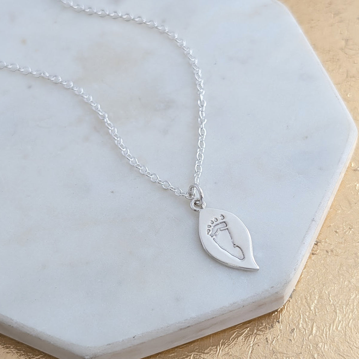 Dainty childs handprint footprint leaf charm - silver gold