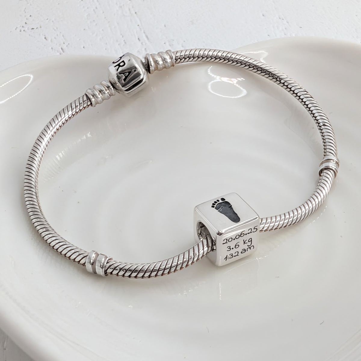 Silver Memory Cube Bead - Engraved with baby's handprint, footprint, name and date of birth