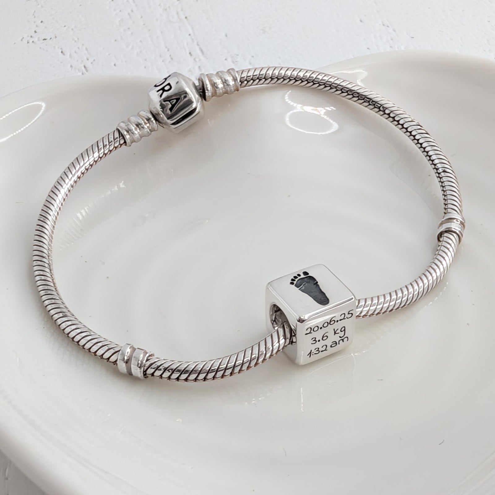 Silver Memory Cube Bead - Engraved with baby's handprint, footprint, name and date of birth
