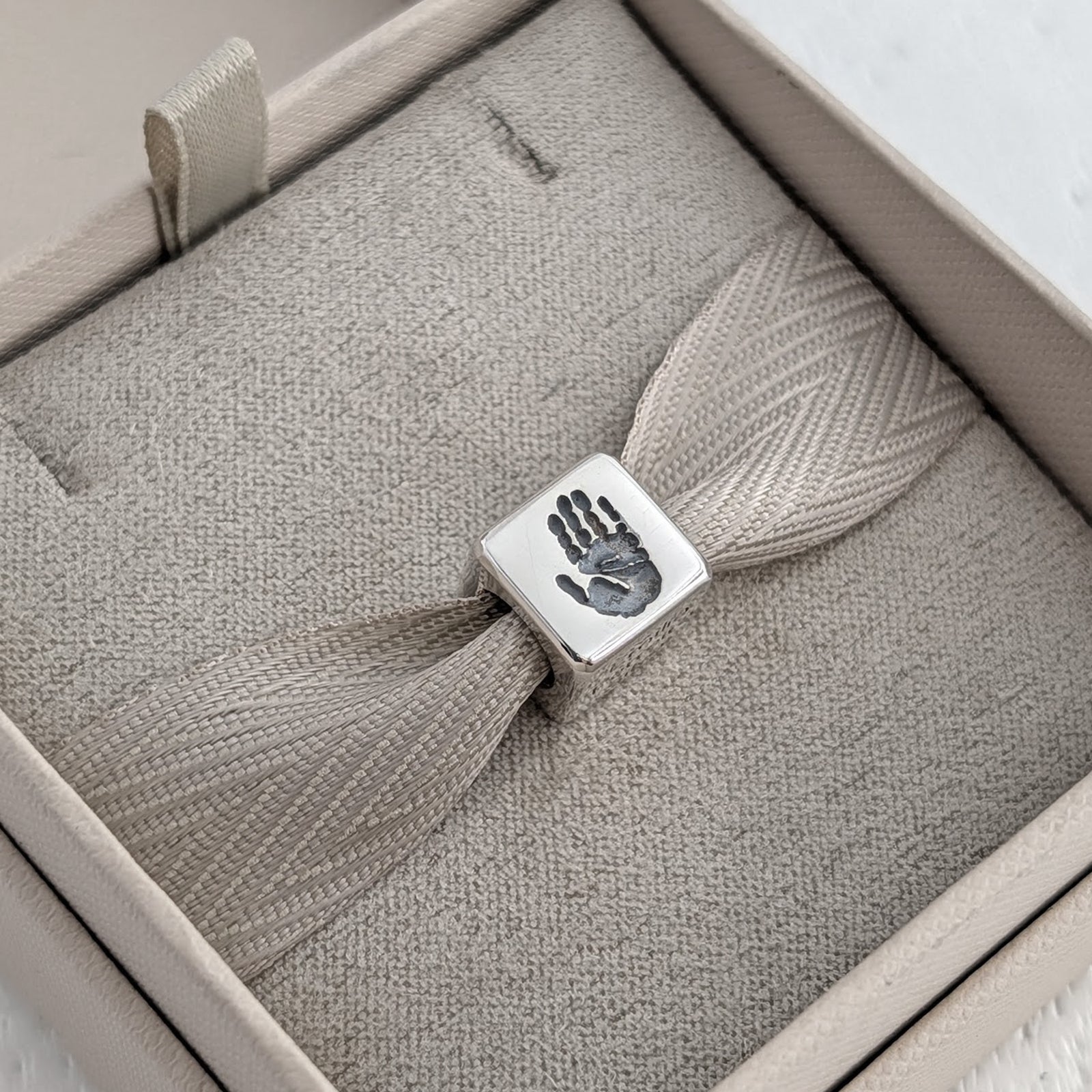 Silver Memory Cube Bead - Engraved with baby's handprint, footprint, name and date of birth