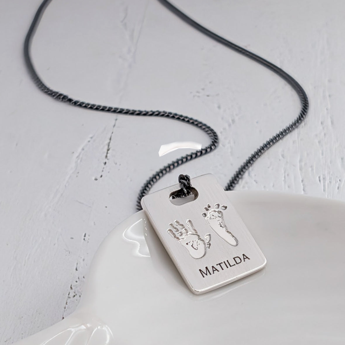 Tag engraved with childs handprint and footprint for Dad