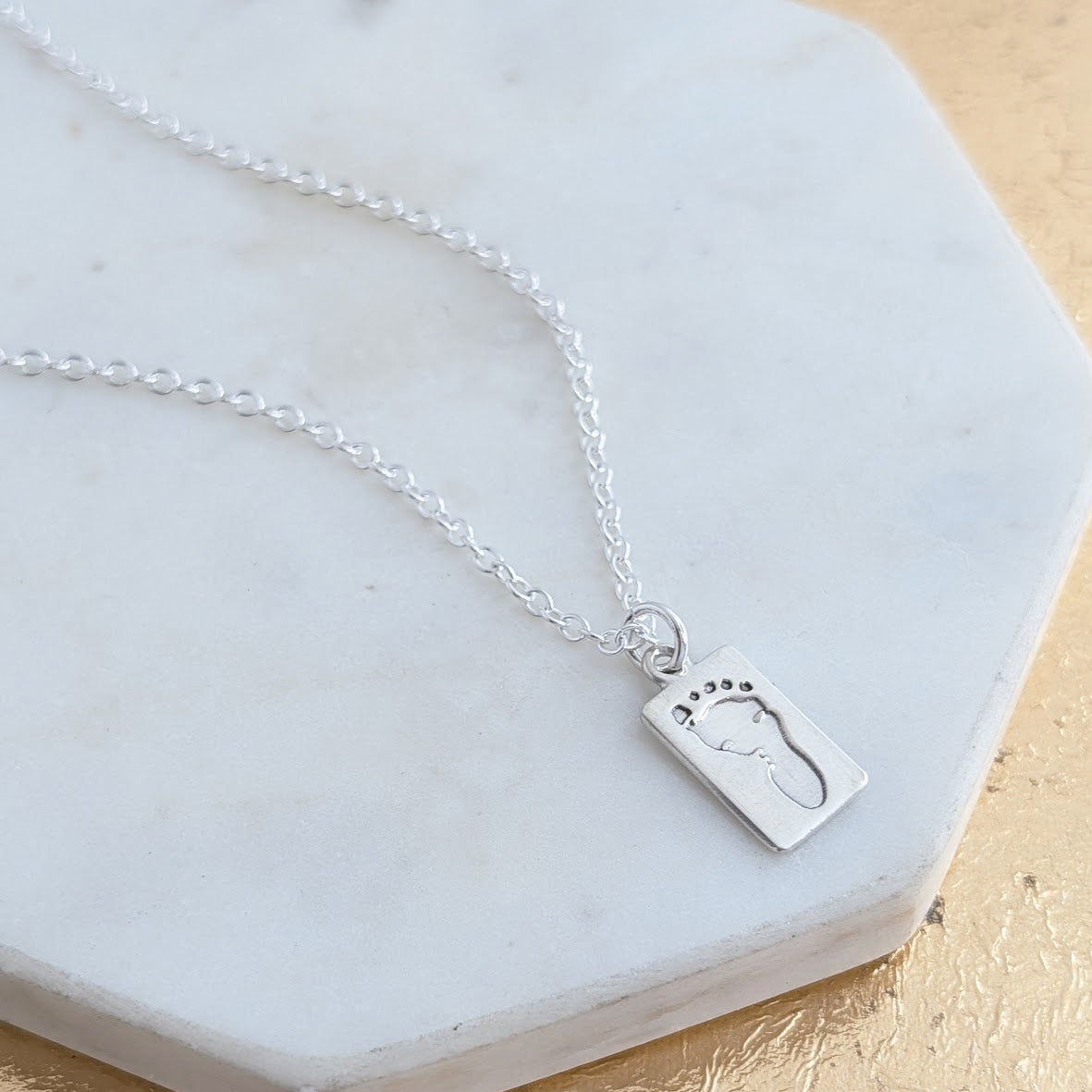 Silver Baby Handprint Footprint Tag Charm Necklace engraved with new baby prints