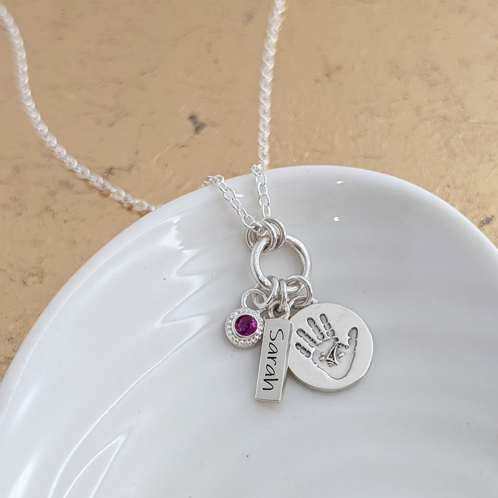 Sterling silver handprint or footprint disc necklace with birthstone charm and little name tag