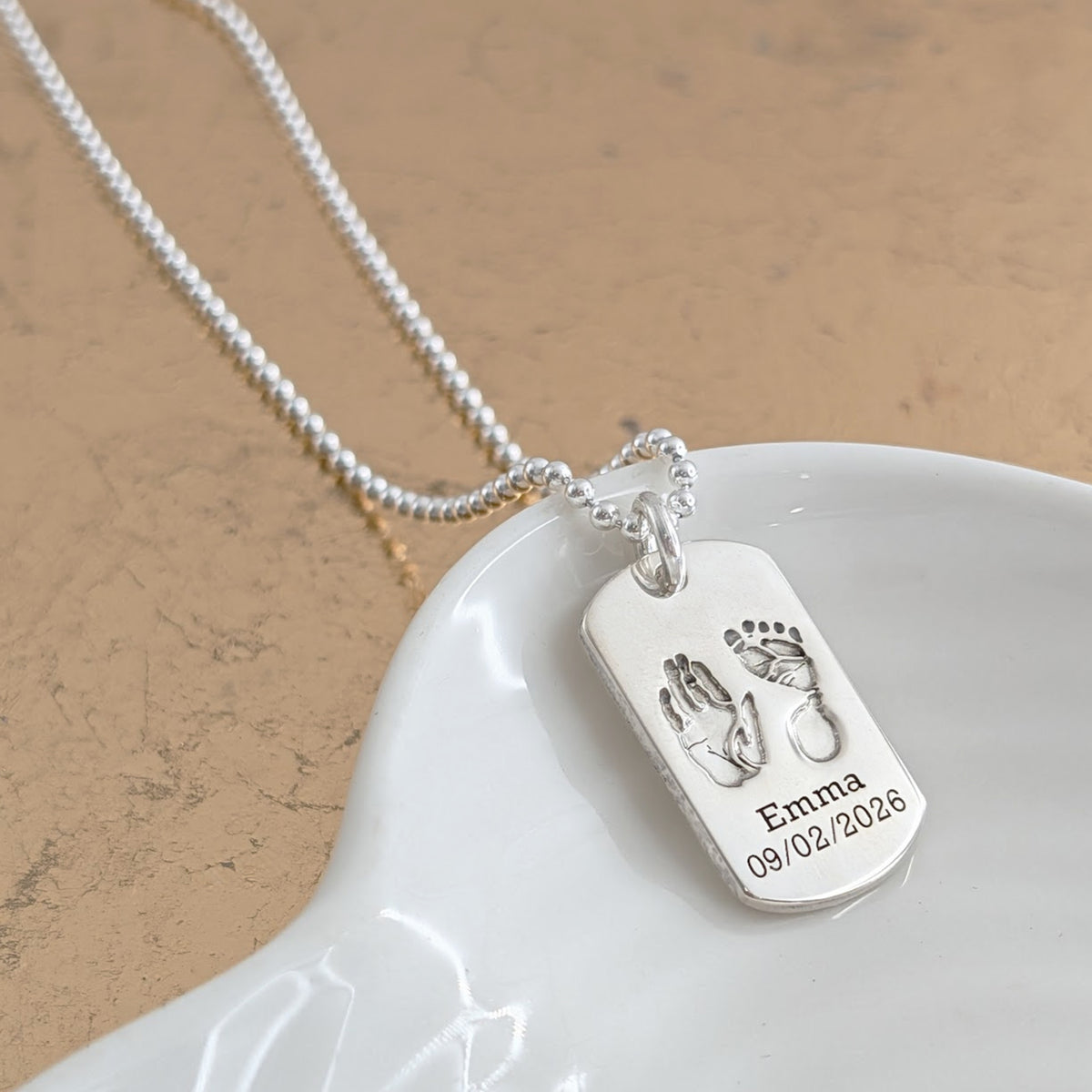 Baby Handprint and footprint dog tag necklace for Dad | Handmade in Silver and Gold