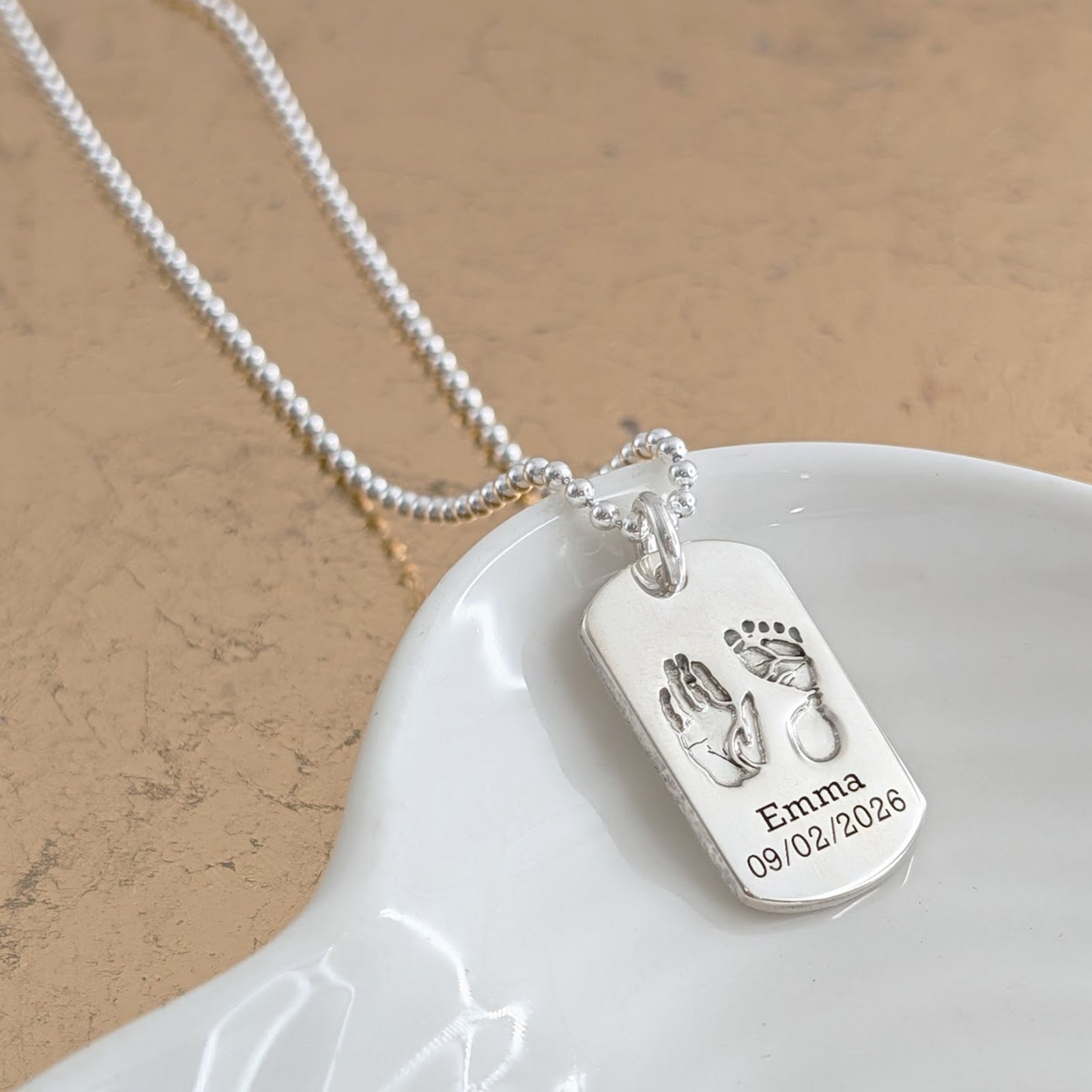 Baby Handprint and footprint dog tag necklace for Dad | Handmade in Silver and Gold