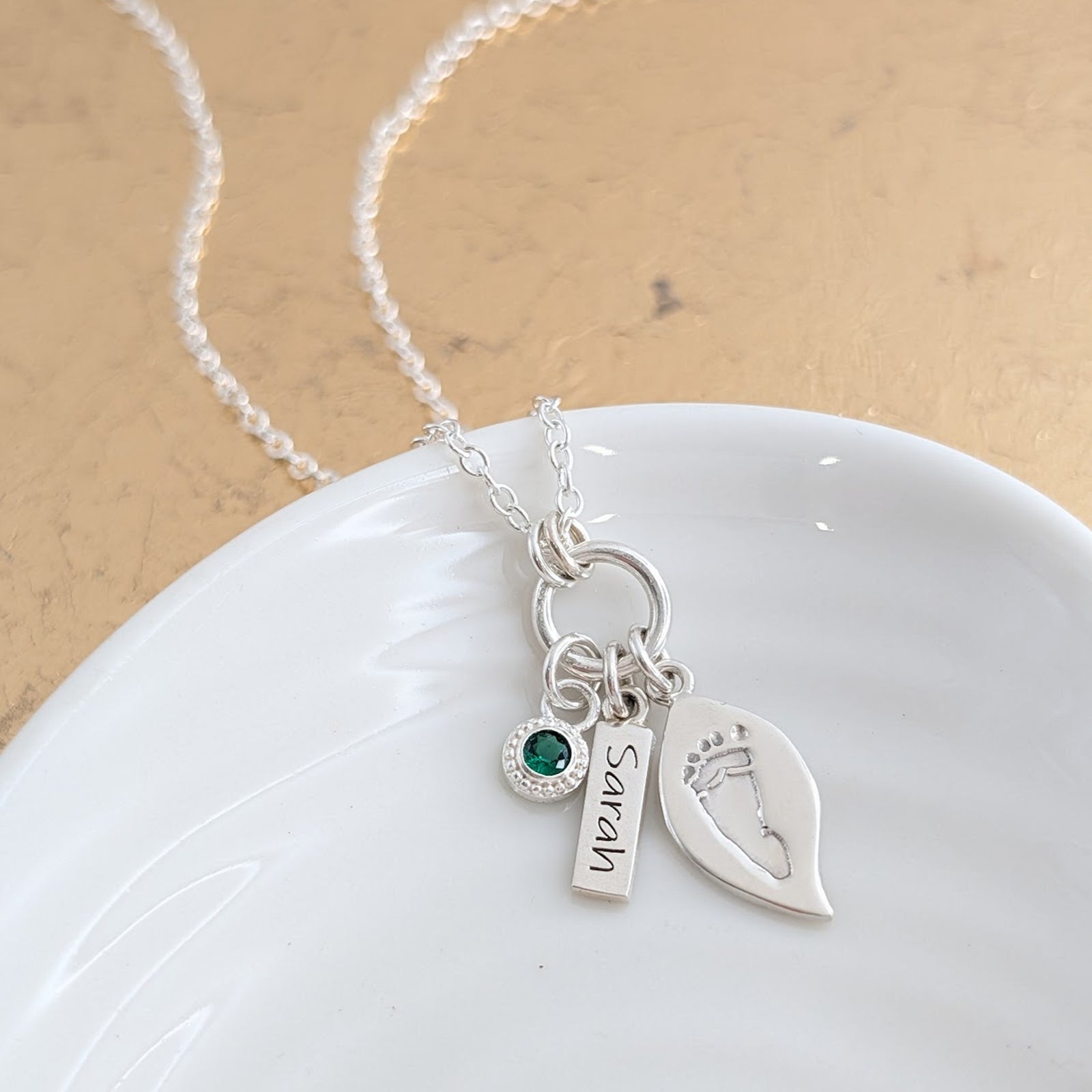 Sterling silver handprint or footprint leaf necklace with birthstone charm and little name tag