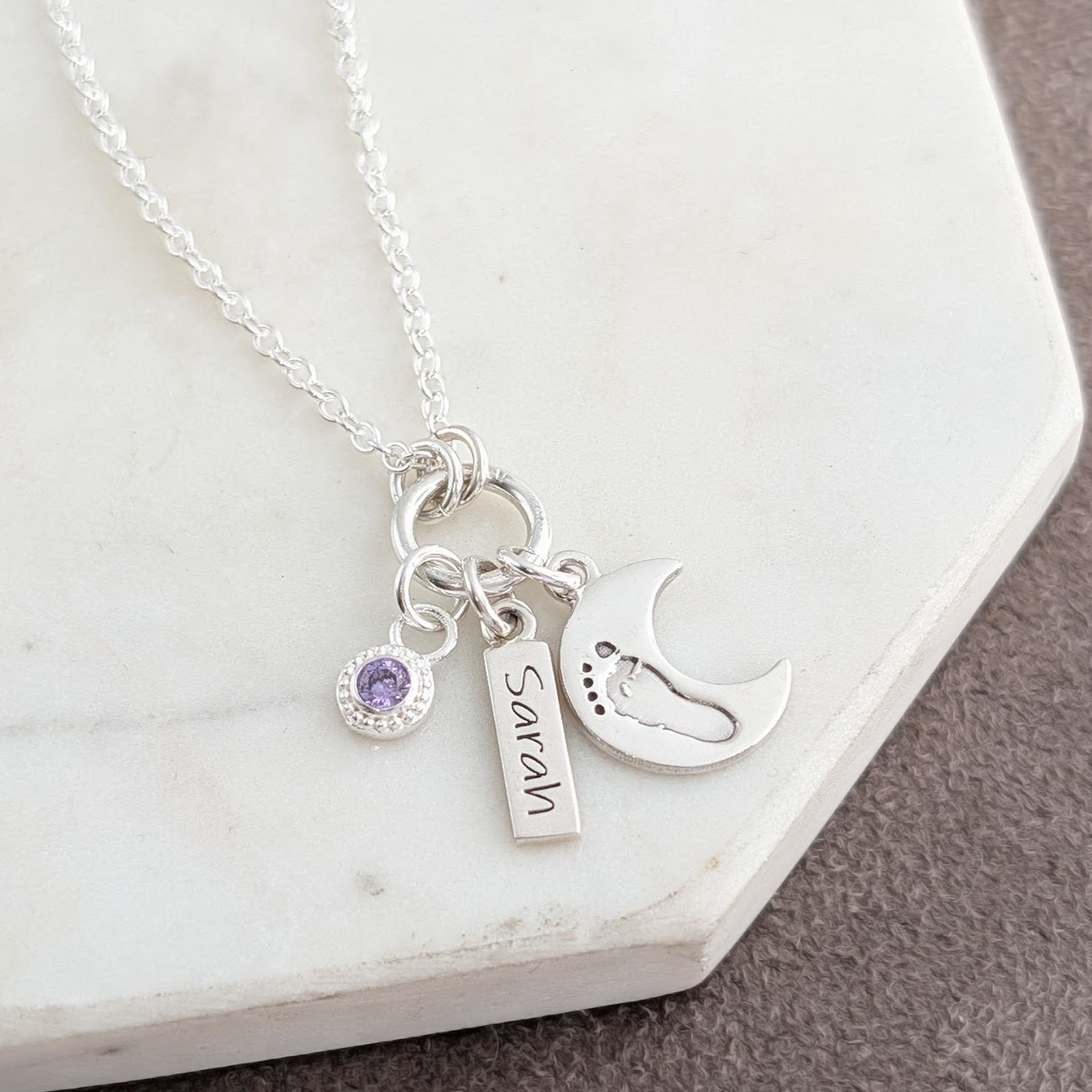 Sterling silver handprint or footprint crescent moon necklace with birthstone charm and little name tag