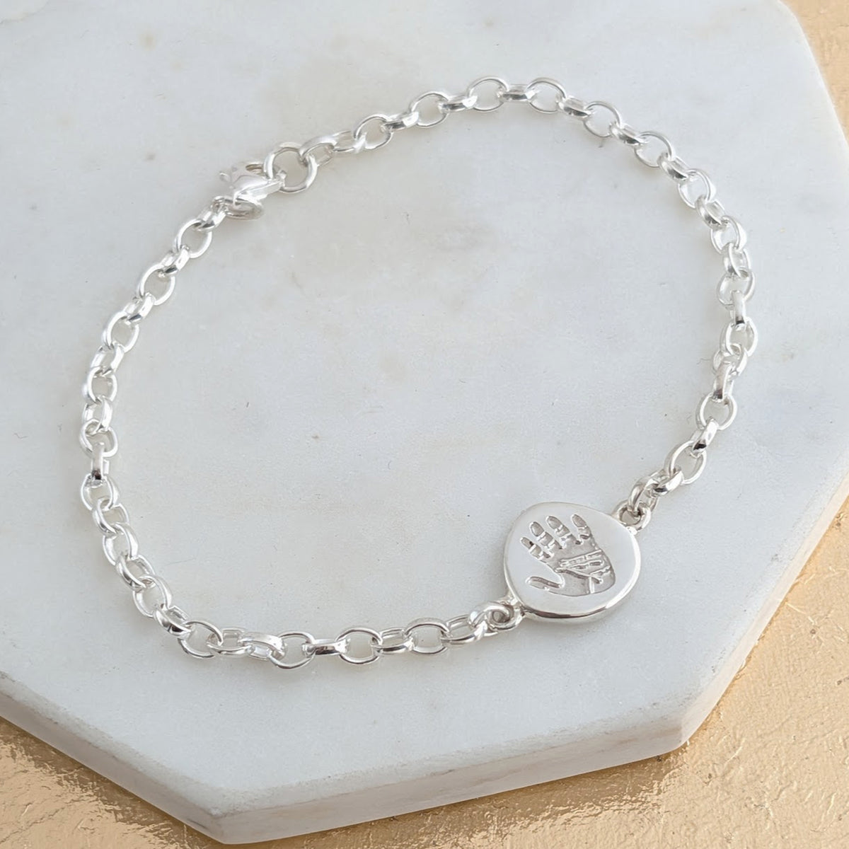 Silver Handprint Footprint Pebble Charm Bracelet