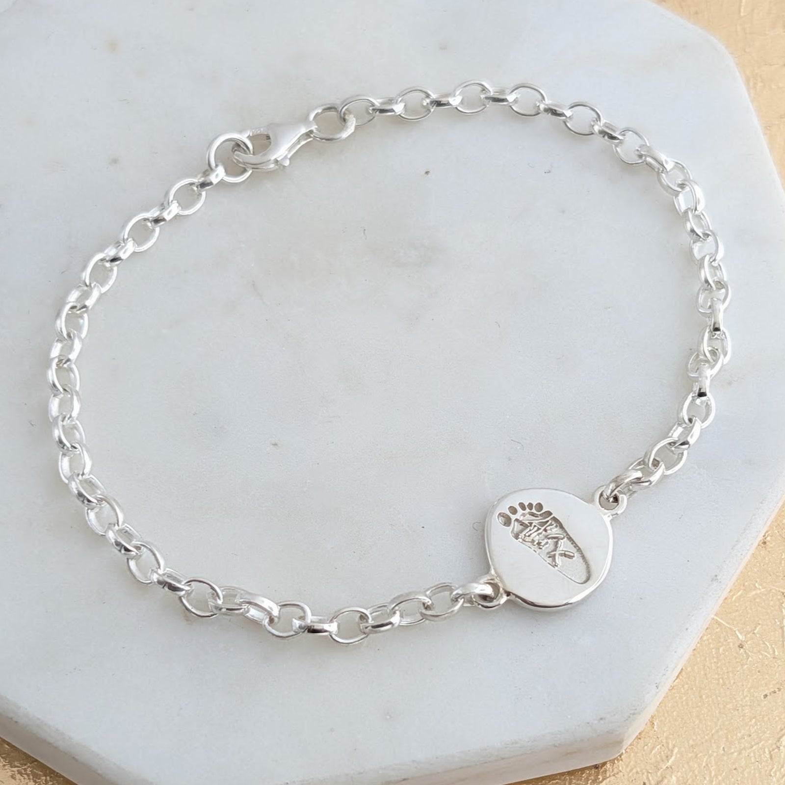 Silver Handprint Footprint Pebble Charm Bracelet