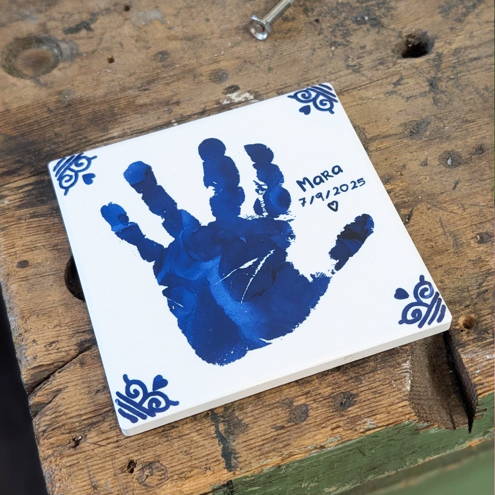 VINTAGE PERSONALISED HAND OR FOOTPRINT CERAMIC TILE COASTER