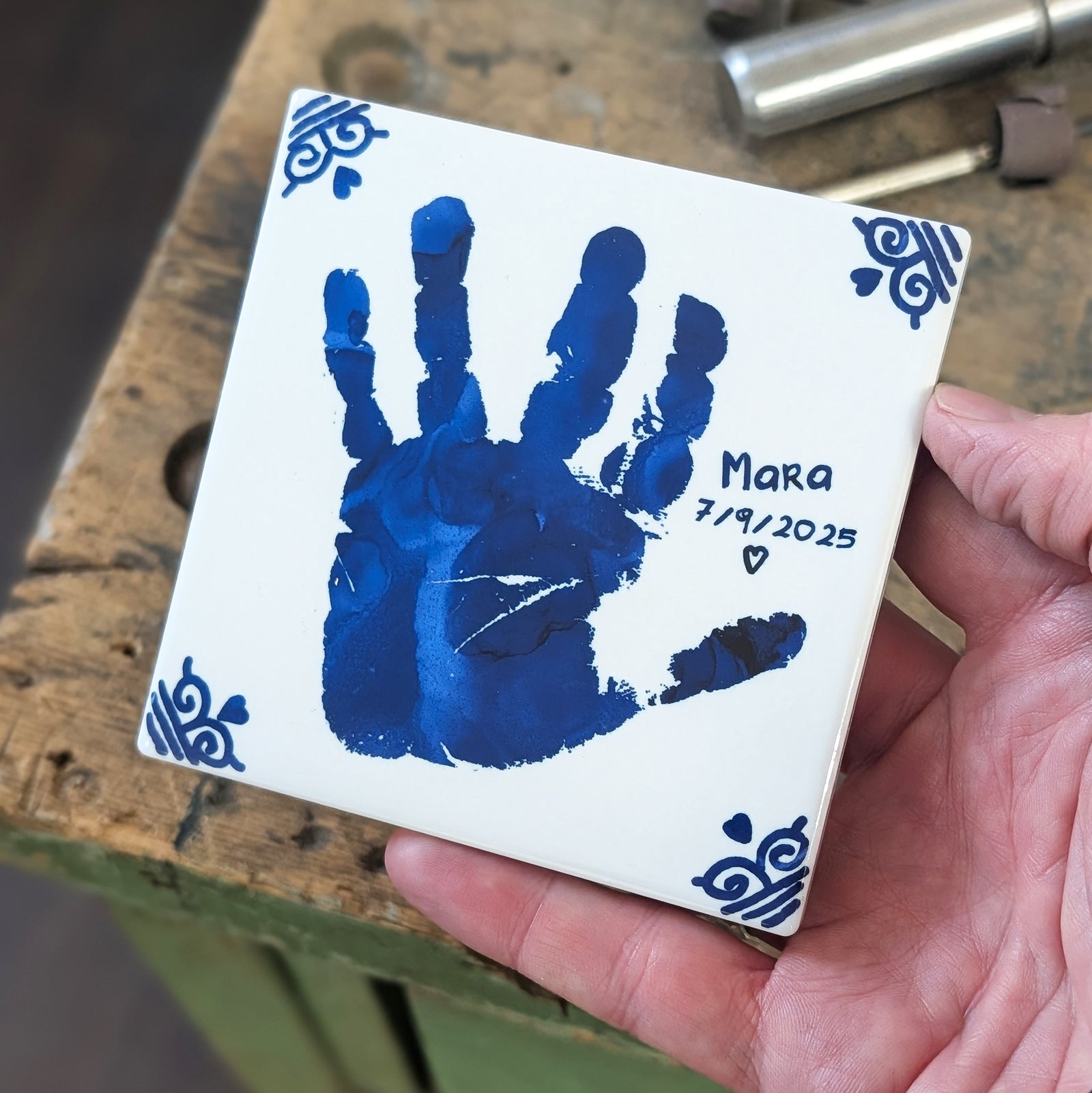 VINTAGE PERSONALISED HAND OR FOOTPRINT CERAMIC TILE COASTER