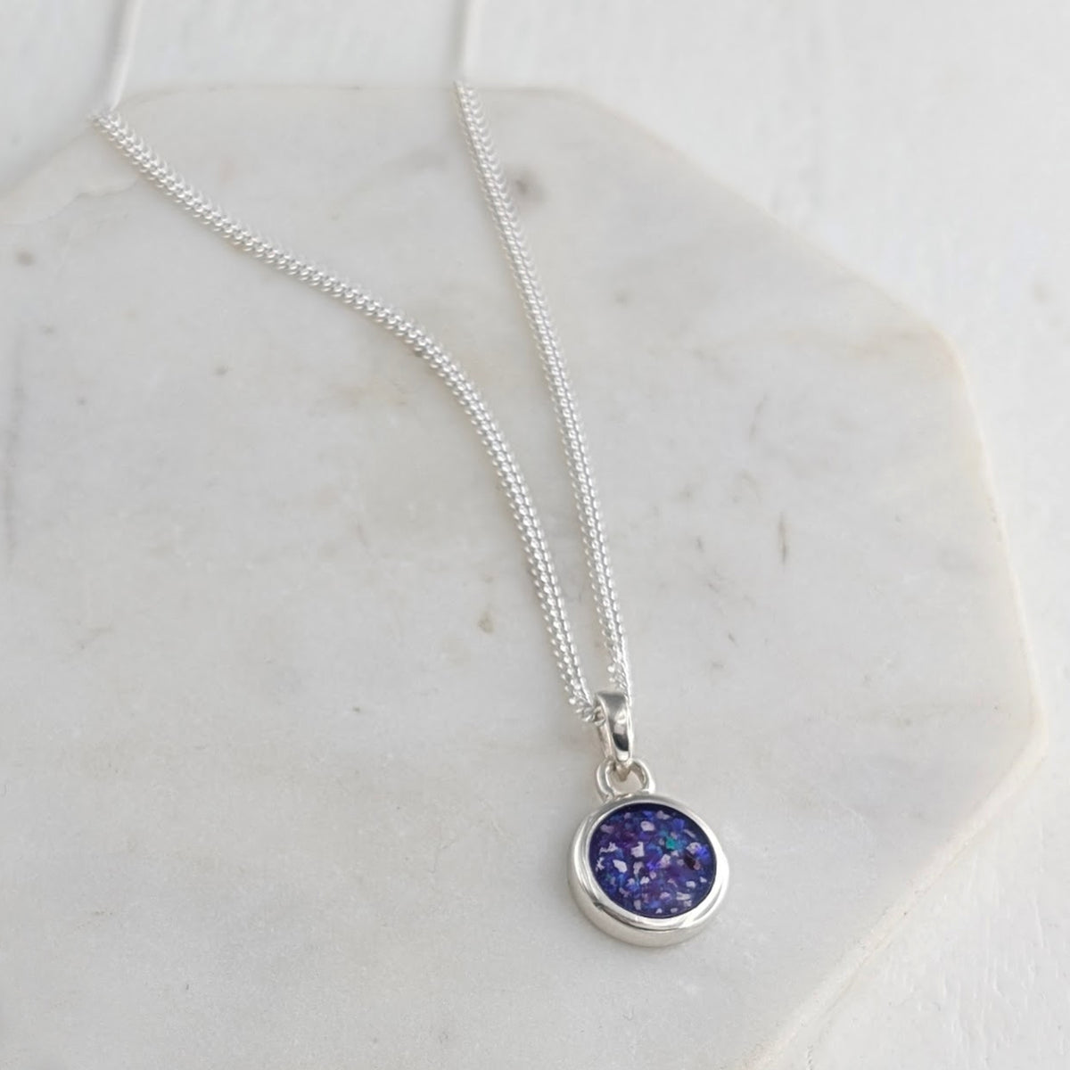 Silver cremations ashes charm necklace - set with ashes and crushed opal