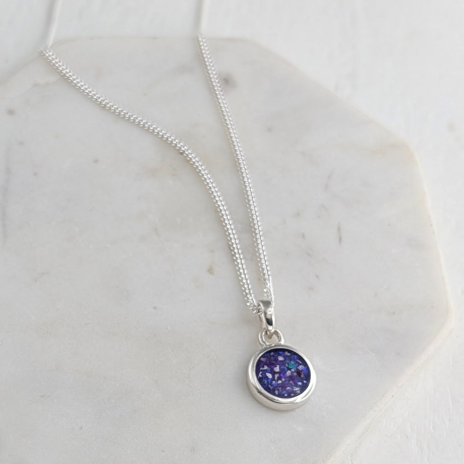 Silver cremations ashes charm necklace - set with ashes and crushed opal