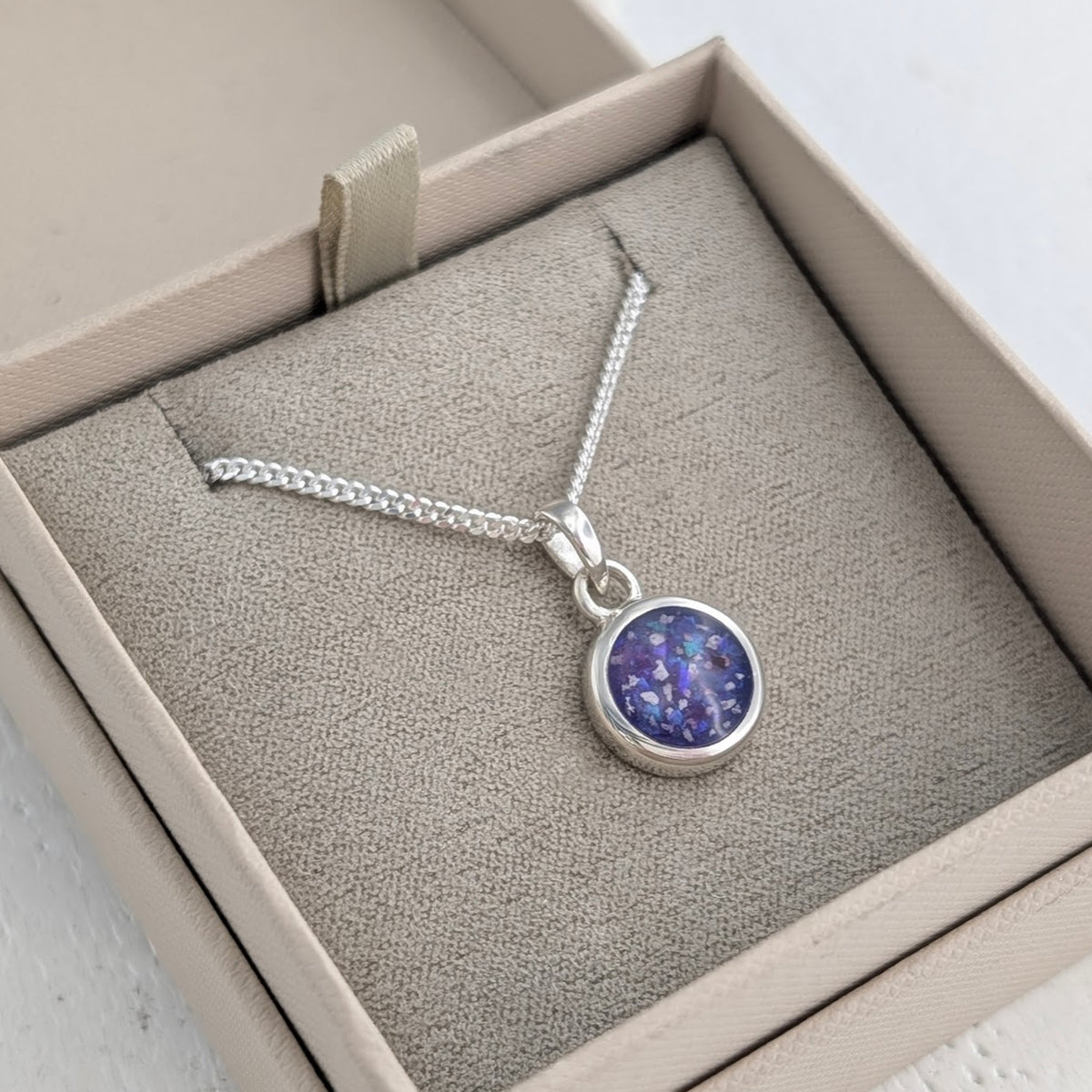 Memorial  Ashes Charm Necklace - circular purple silver charm