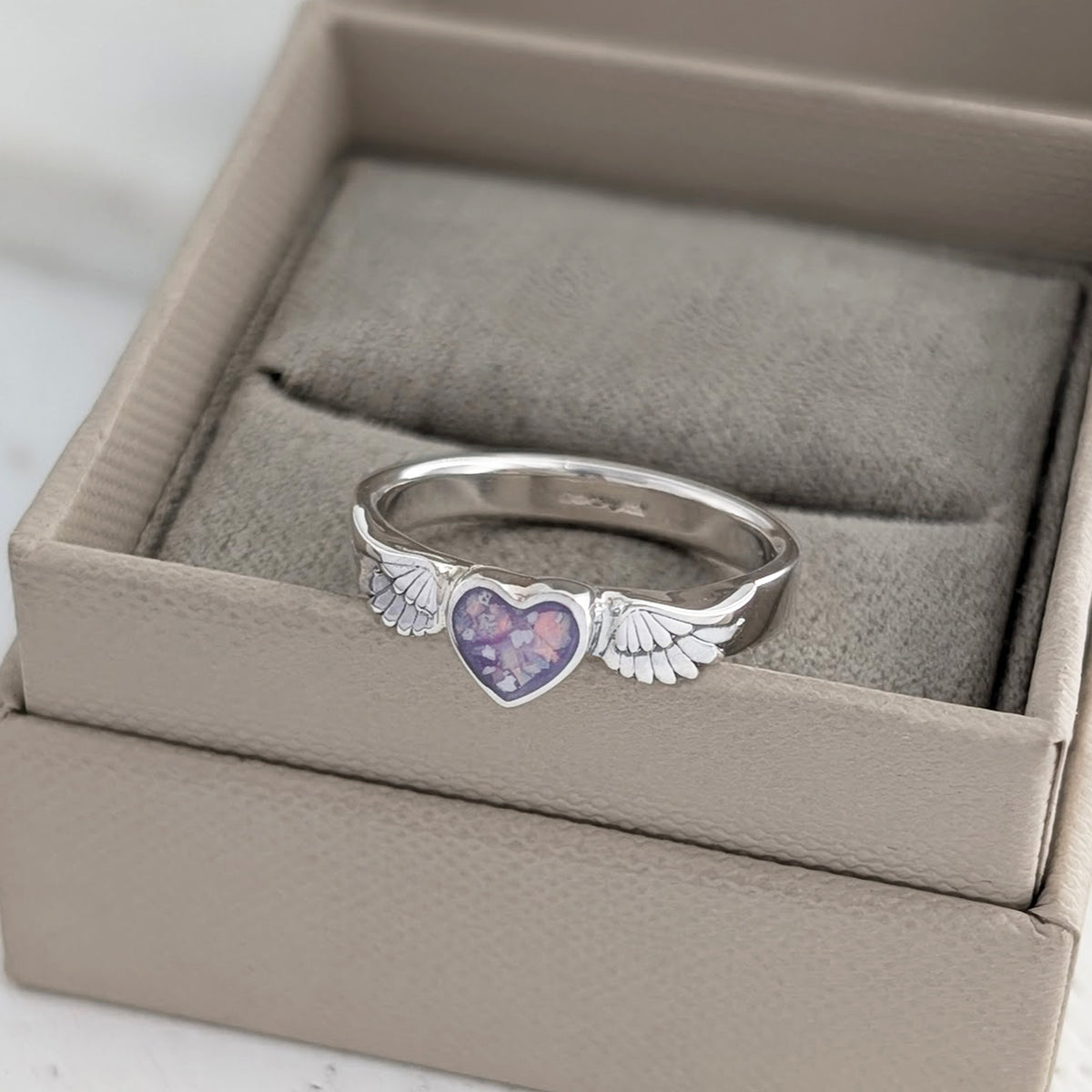 MEMORIAL ASHES ANGEL WING HEART RING