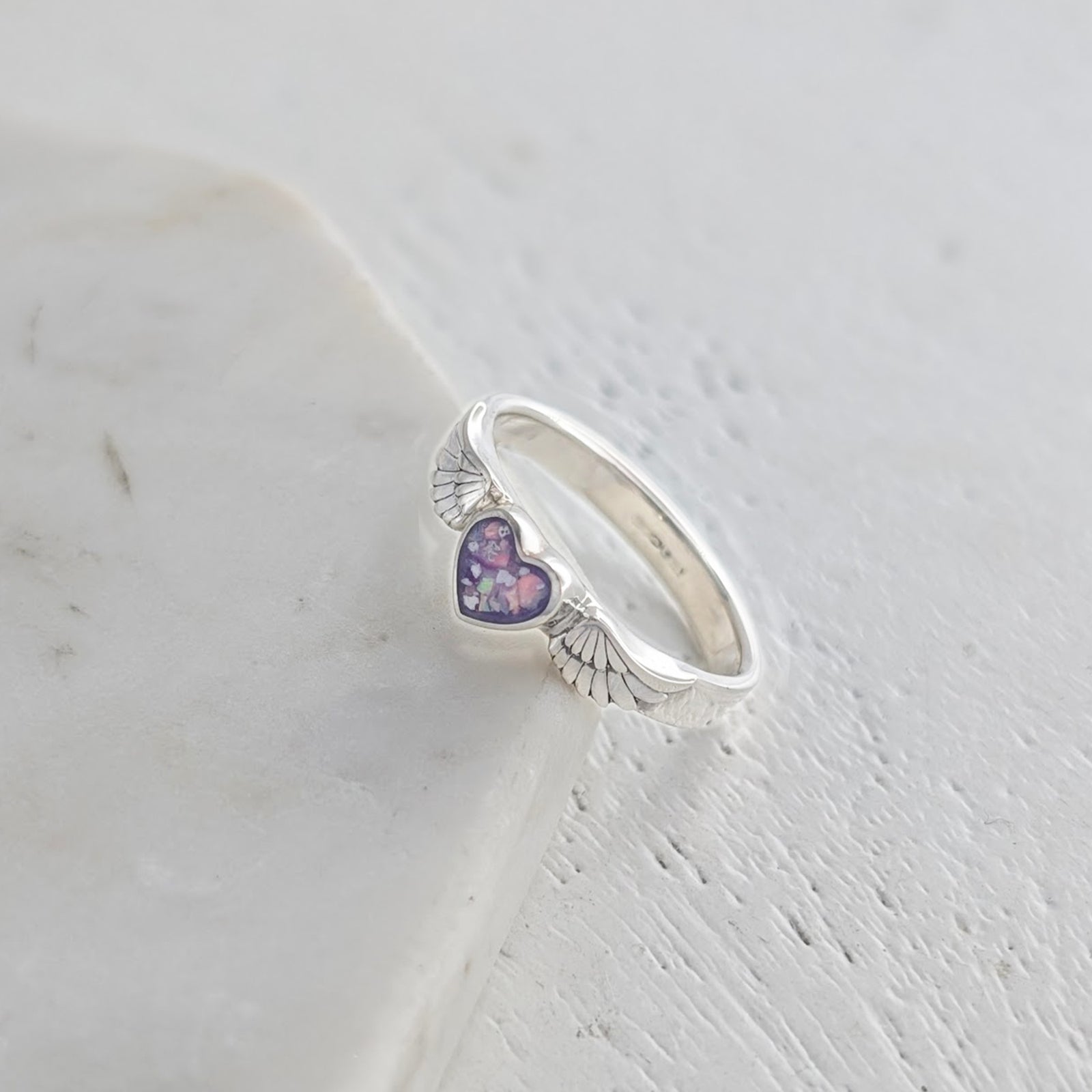 MEMORIAL ASHES ANGEL WING HEART RING
