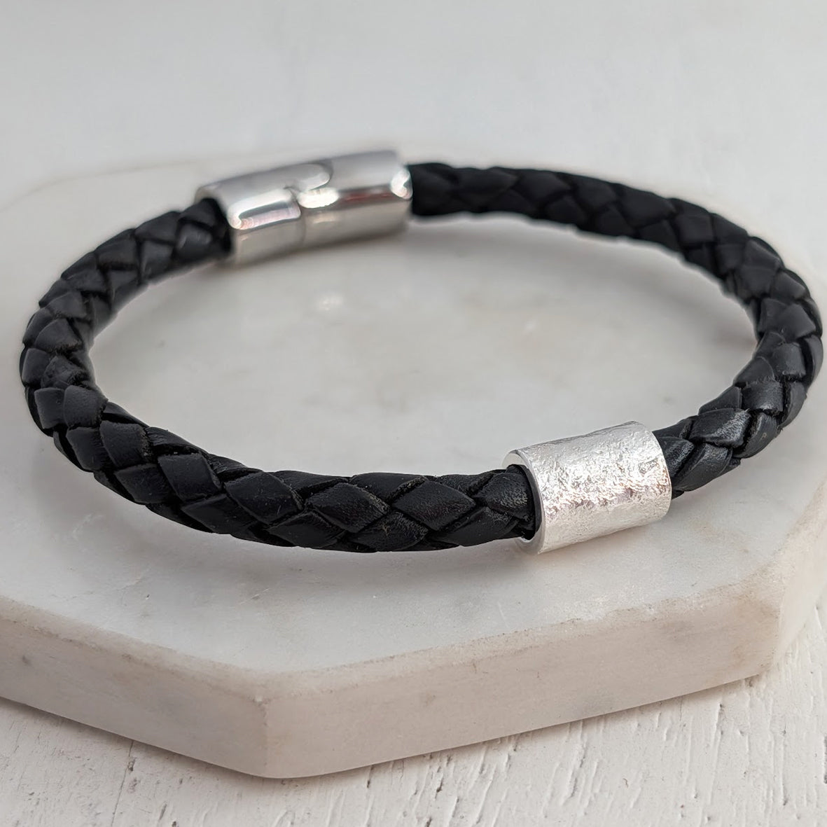 Cremation ashes silver bead and leather bracelet for men