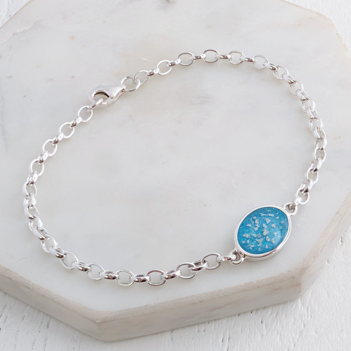 Memorial ashes oval charm silver chain bracelet