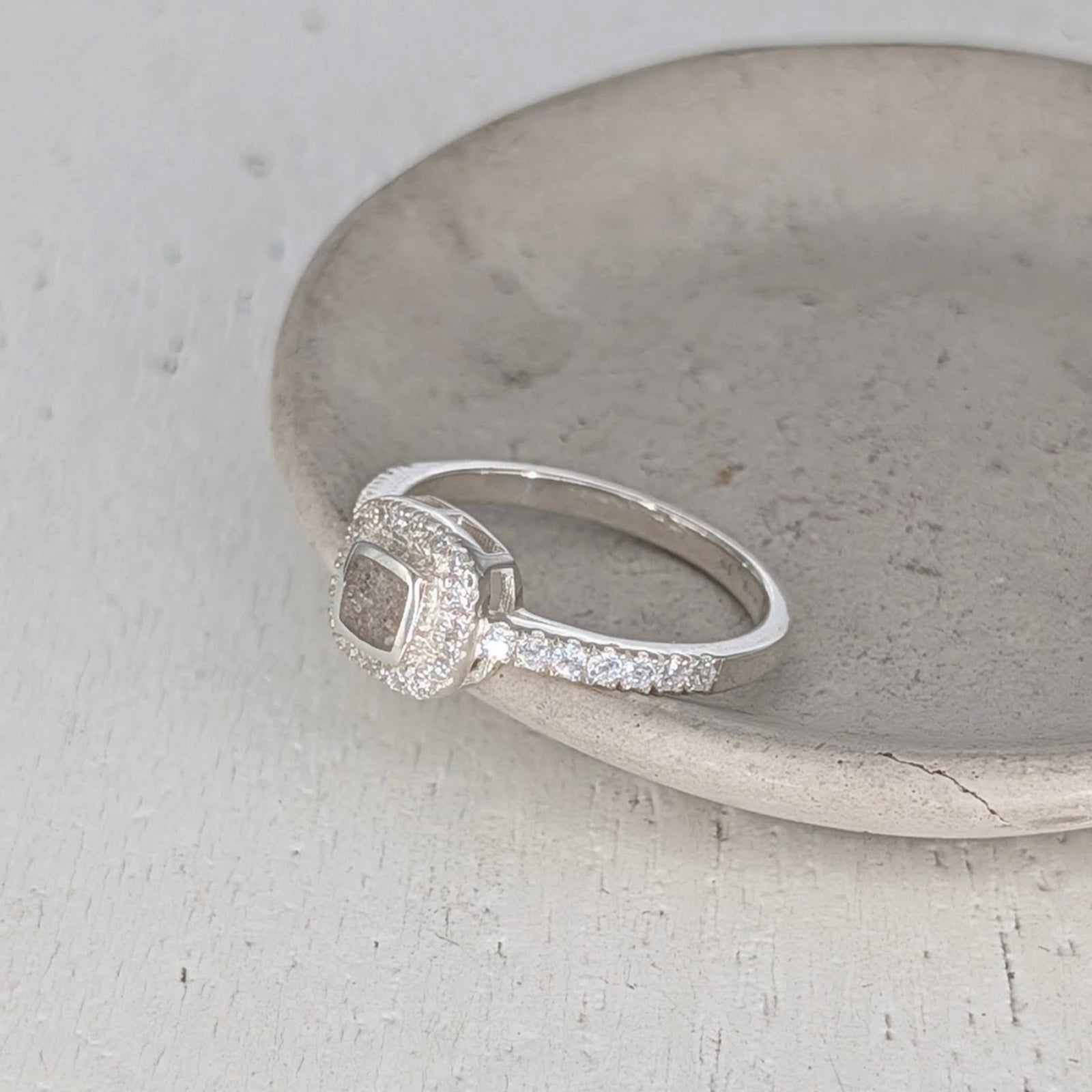 Sterling silver Cremation Ashes Radiance ring - cushion shaped setting with sparkling gemstones