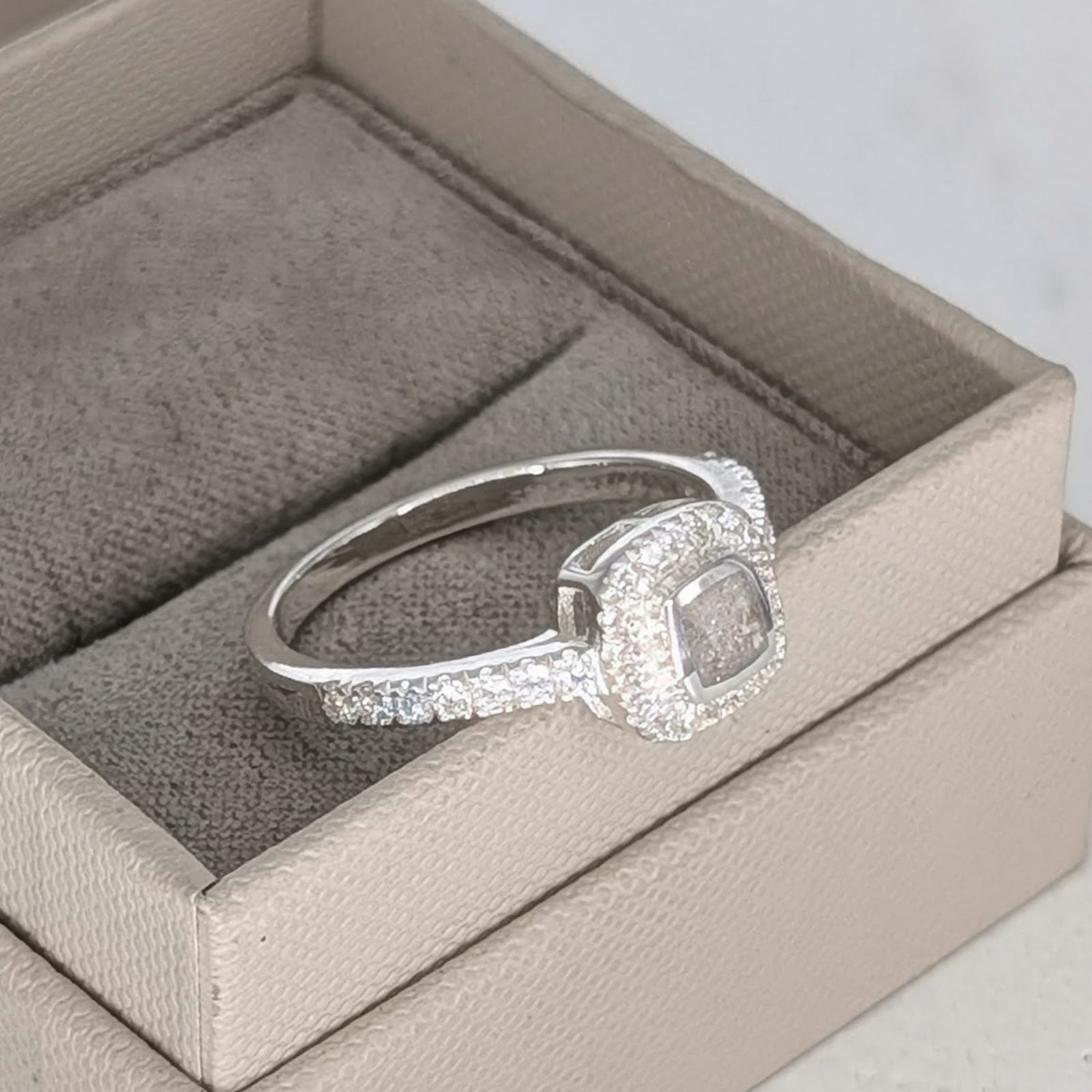 Silver Memorial Ashes Radiance ring - cushion shaped setting with sparkling gemstones