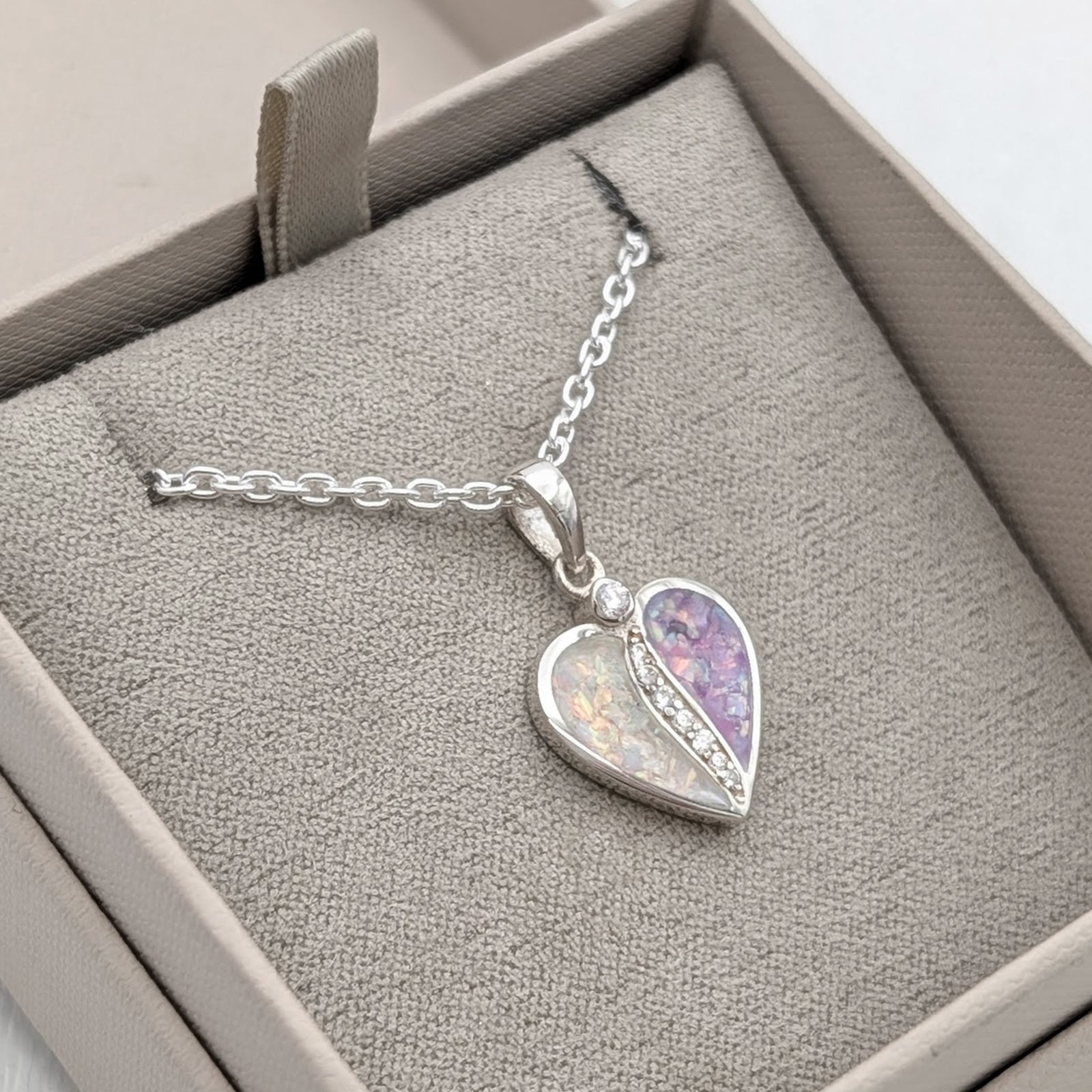 Together heart ashes jewellery necklace in sterling silver, with two contrasting crushed opal memorial inlays