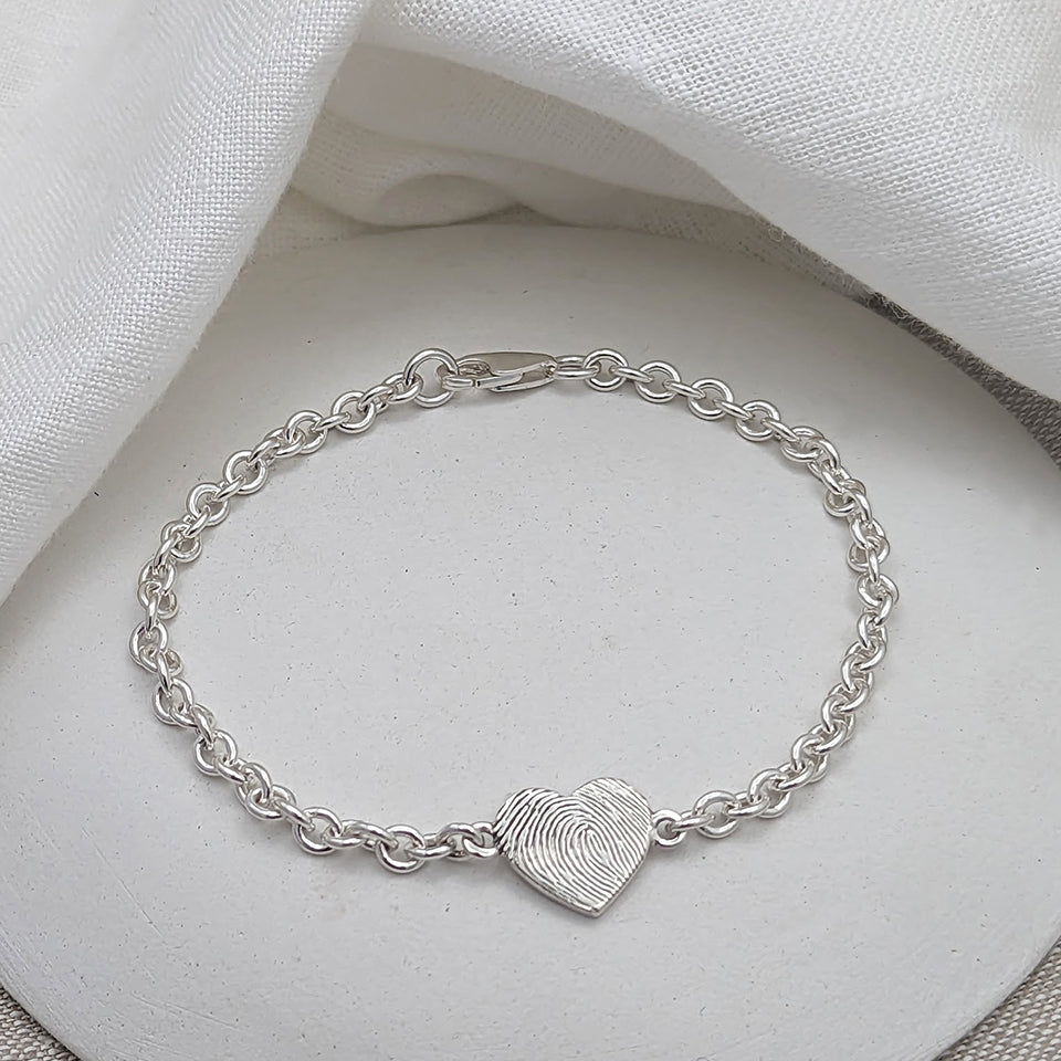 Silver or Gold Fingerprint Heart Charm Bracelet