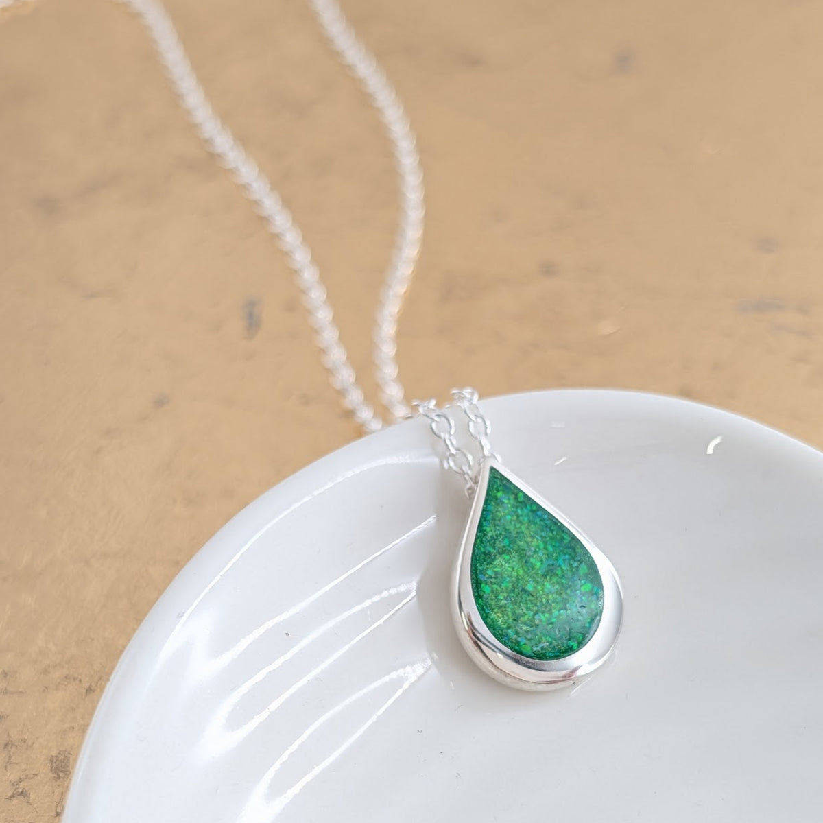 Silver and opal memorial ashes droplet necklace