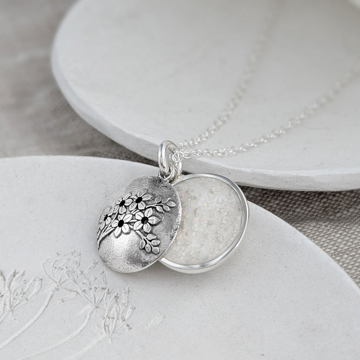 Memorial cremation ashes forget me not locket necklace in silver or gold