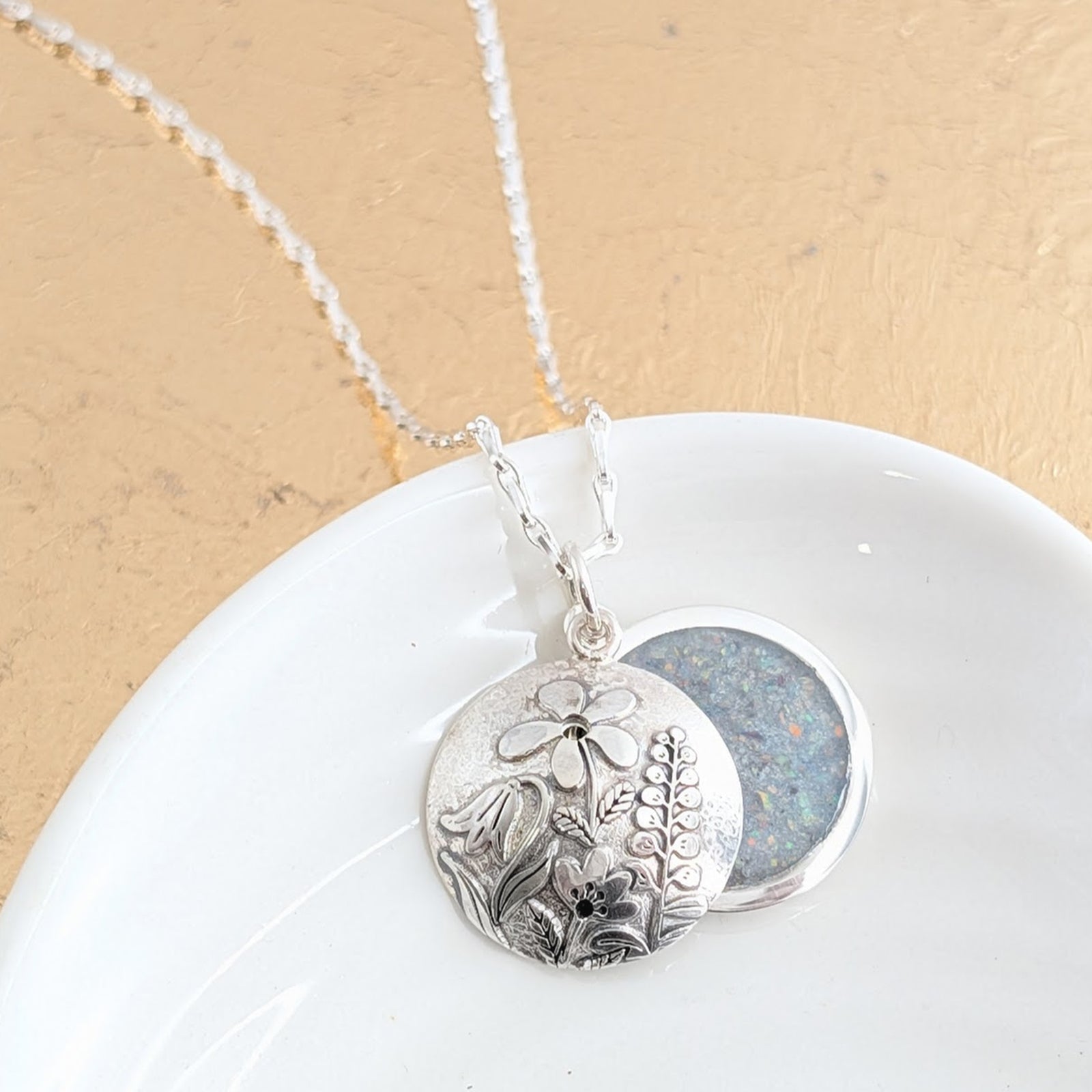 Handmade silver memorial ashes locket necklace - flowers
