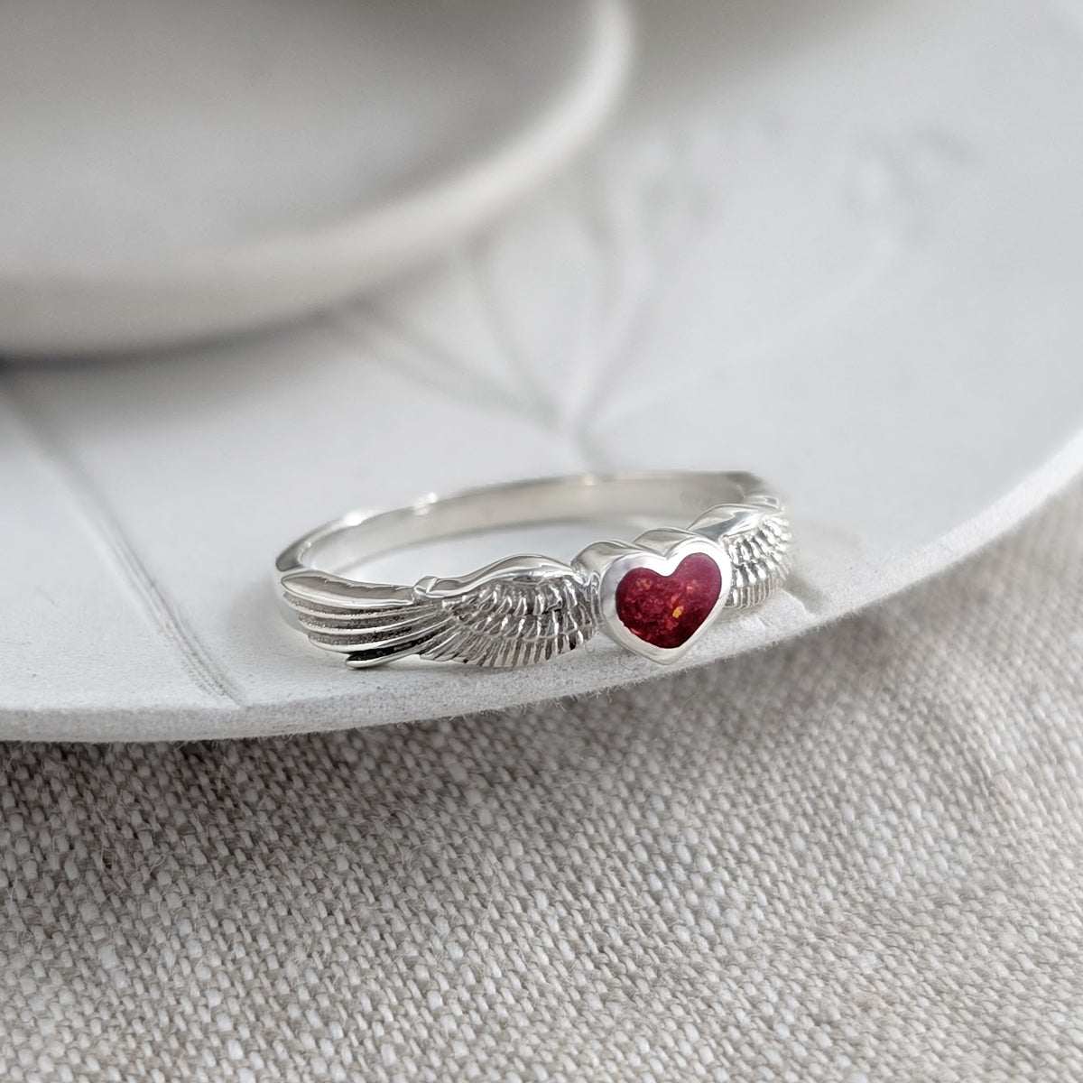 memorial ashes   angel wing heart ring in silver or gold