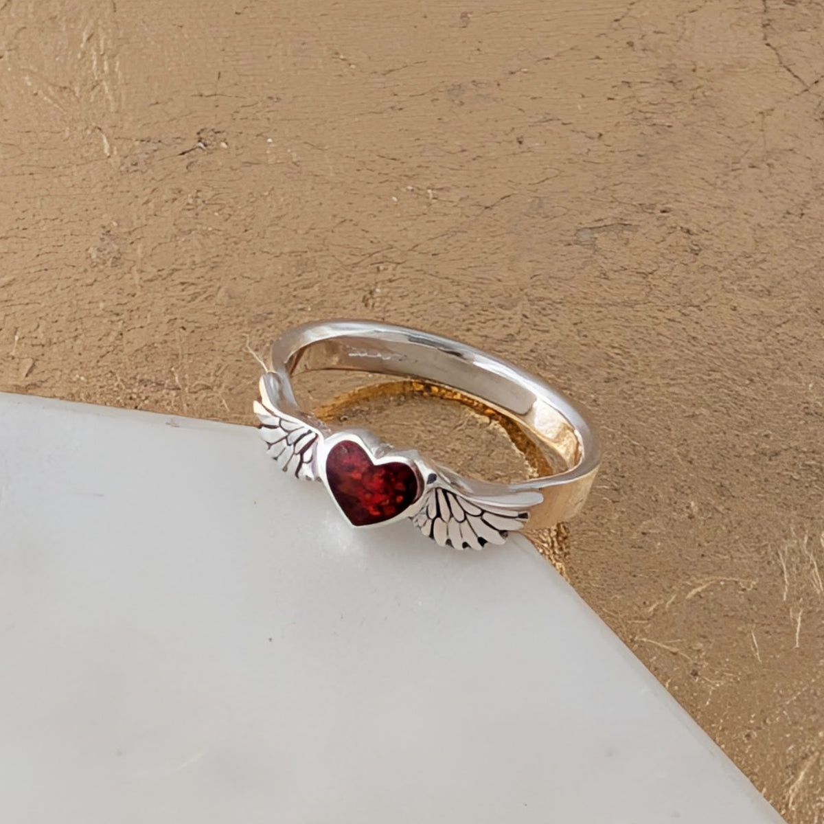MEMORIAL ASHES ANGEL WING HEART RING