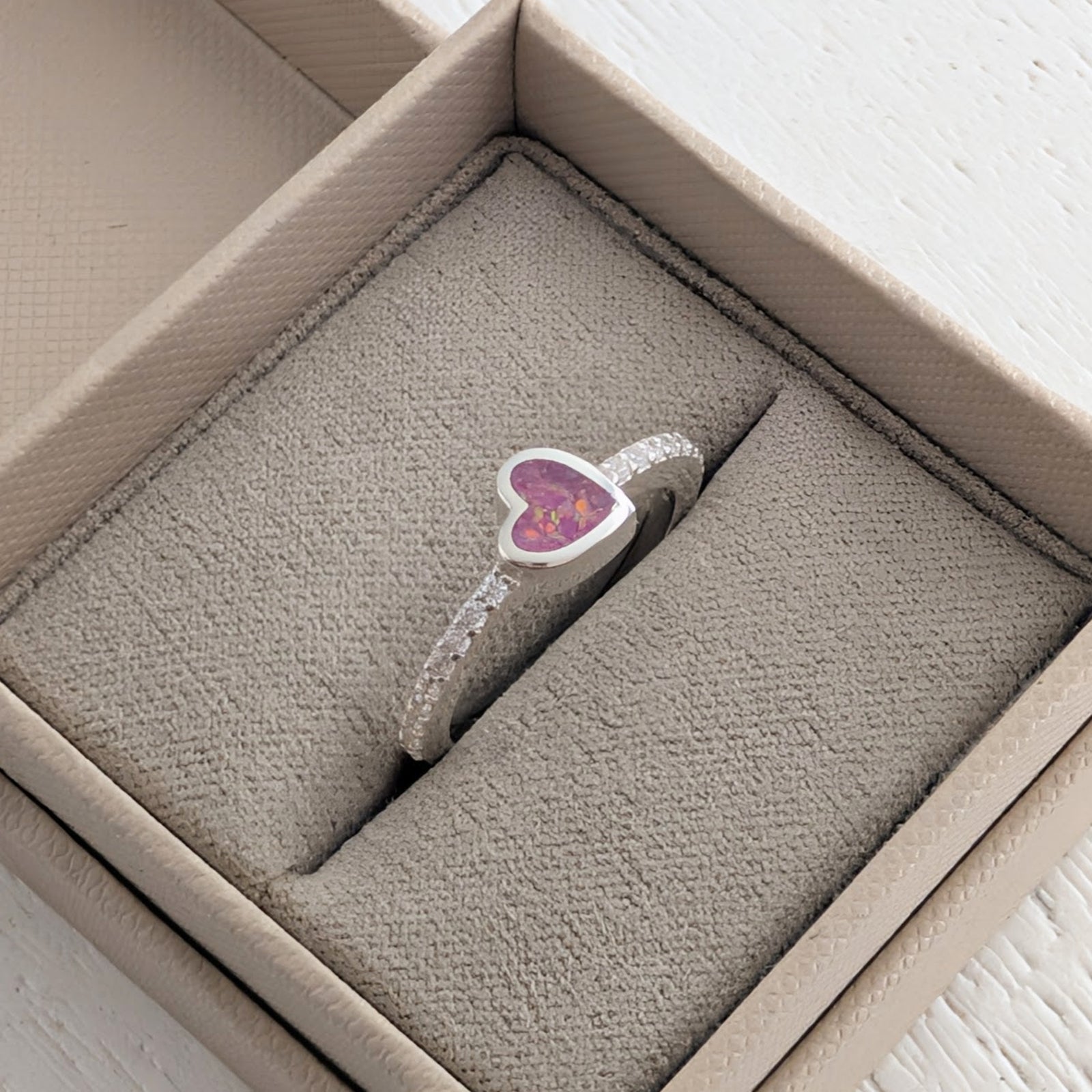 Silver cremation ashes heart ring with gemstones