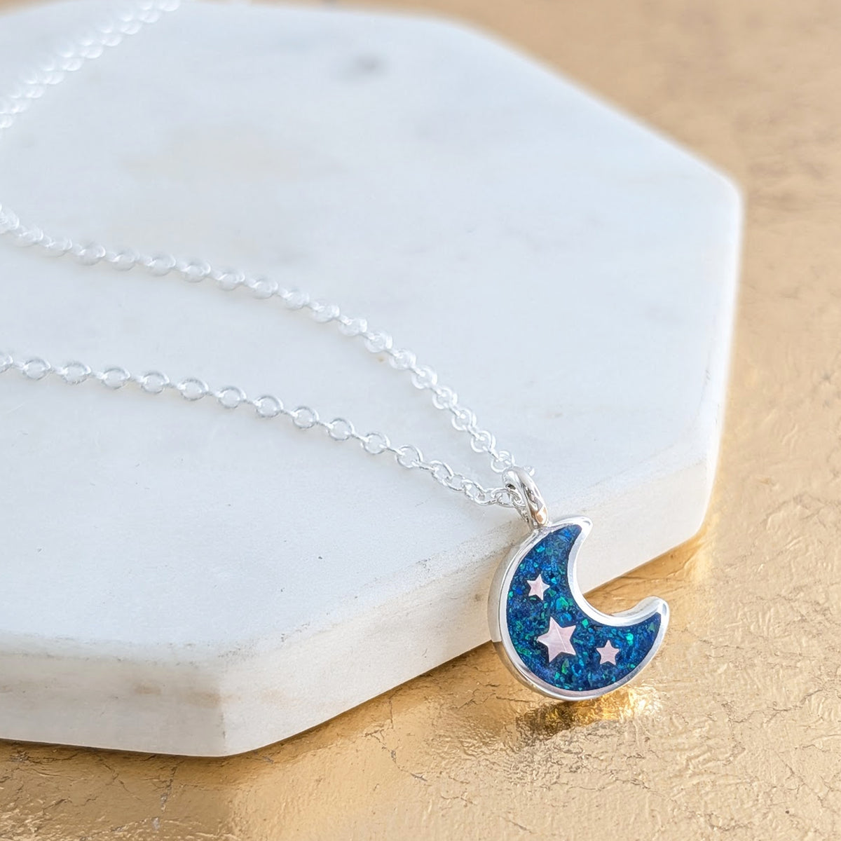 Memorial ashes moon and stars silver and opal charm