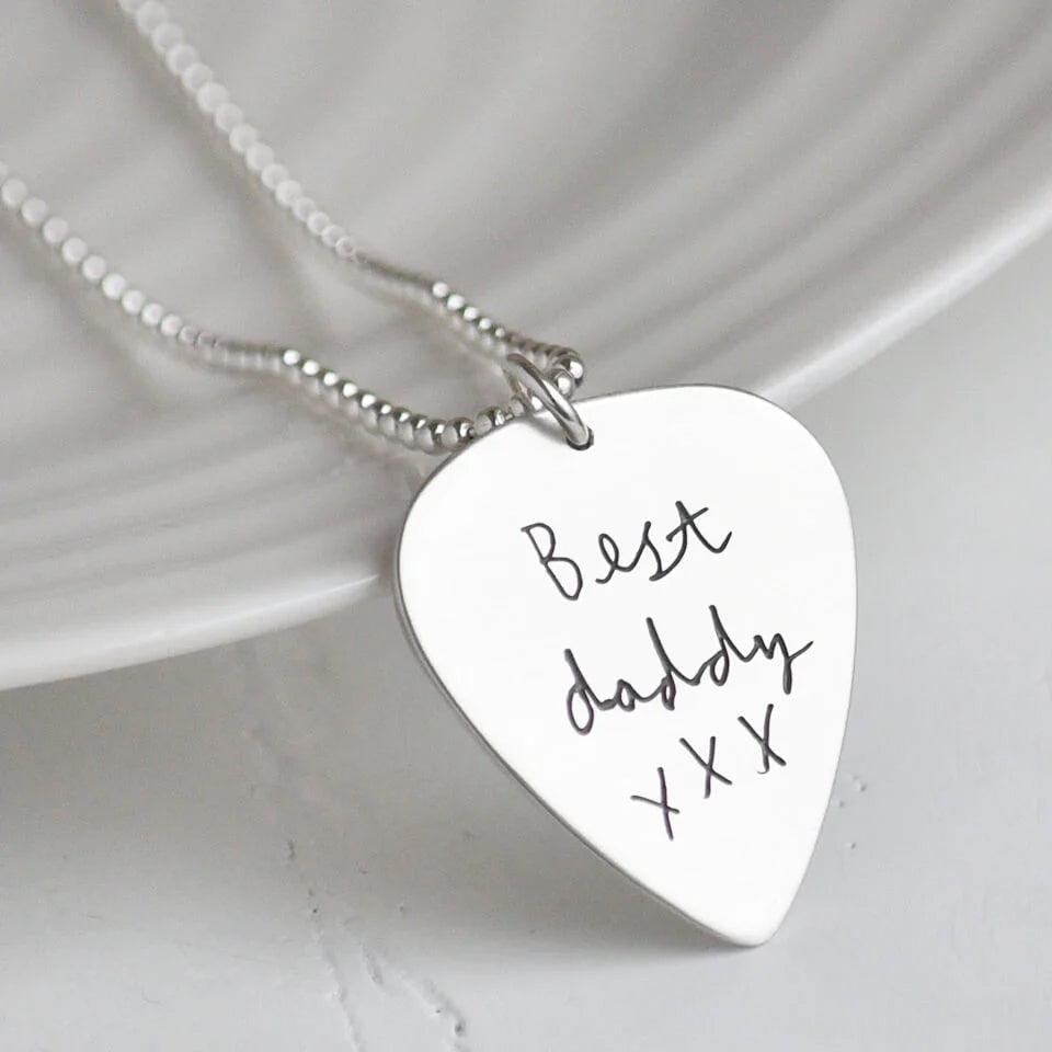 Personalised Childs Drawing Plectrum Necklace for Men in Silver or Gold