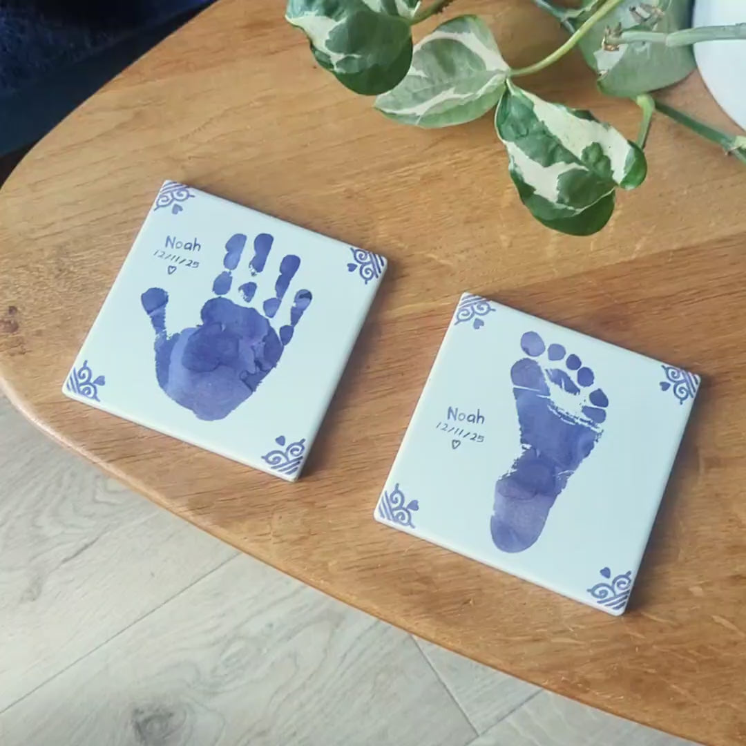 VINTAGE PERSONALISED HAND OR FOOTPRINT CERAMIC TILE COASTER