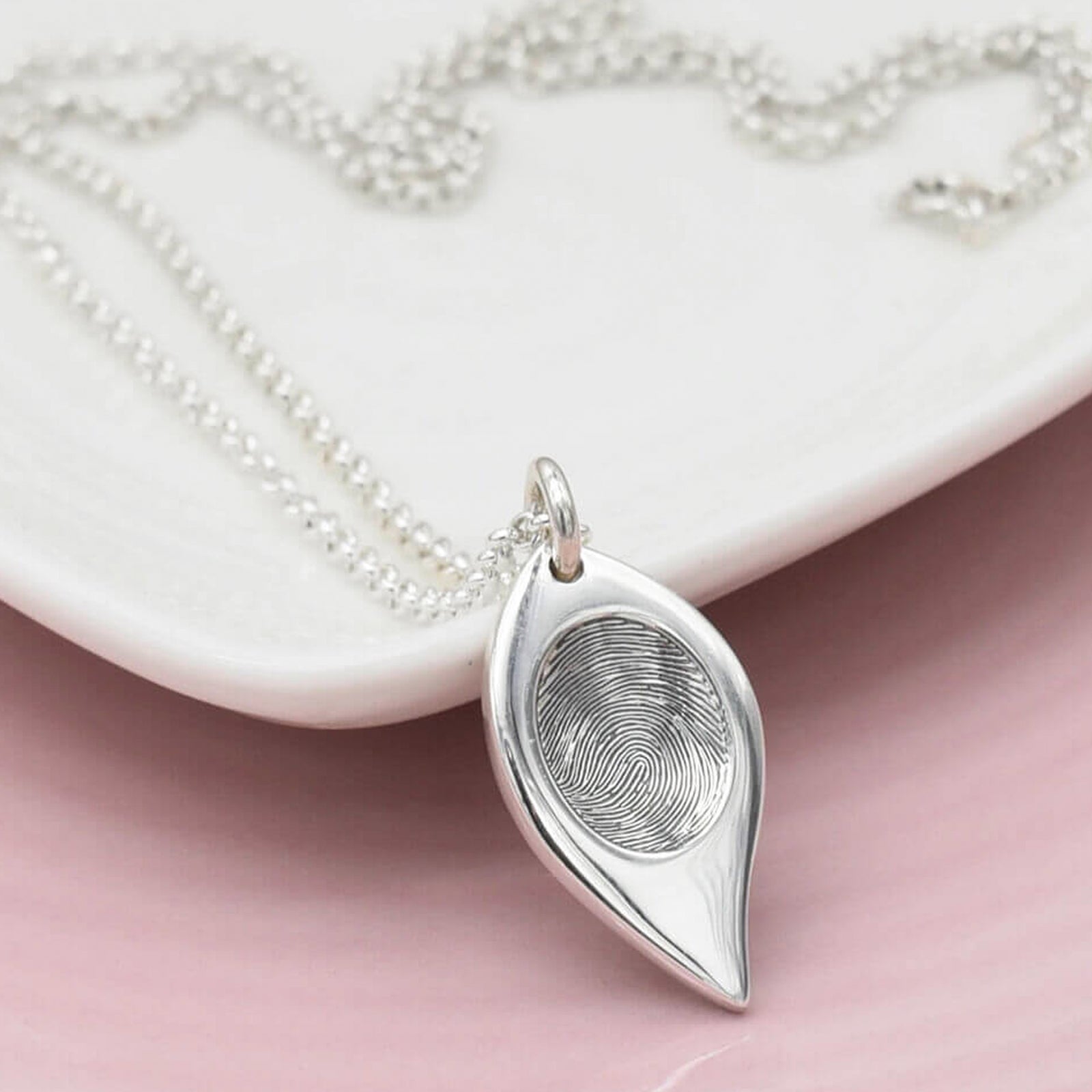 Silver fingerprint leaf pendant handmade in shropshire to remember a loved one