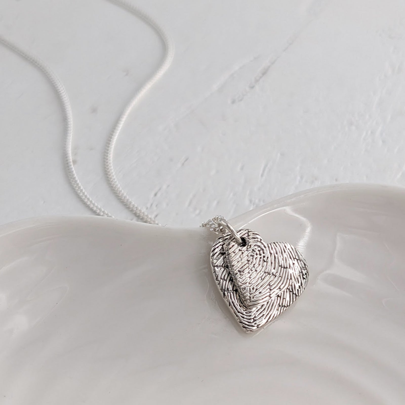 Silver Heart Necklace with two heart charms engraved with fingerprints
