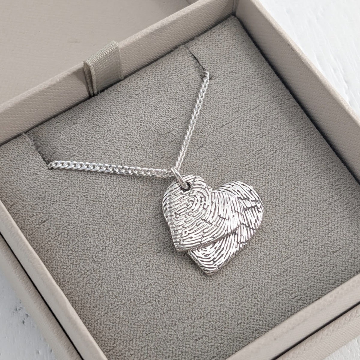 Silver fingerprint heart necklace for two fingerrprints - stacked hearts