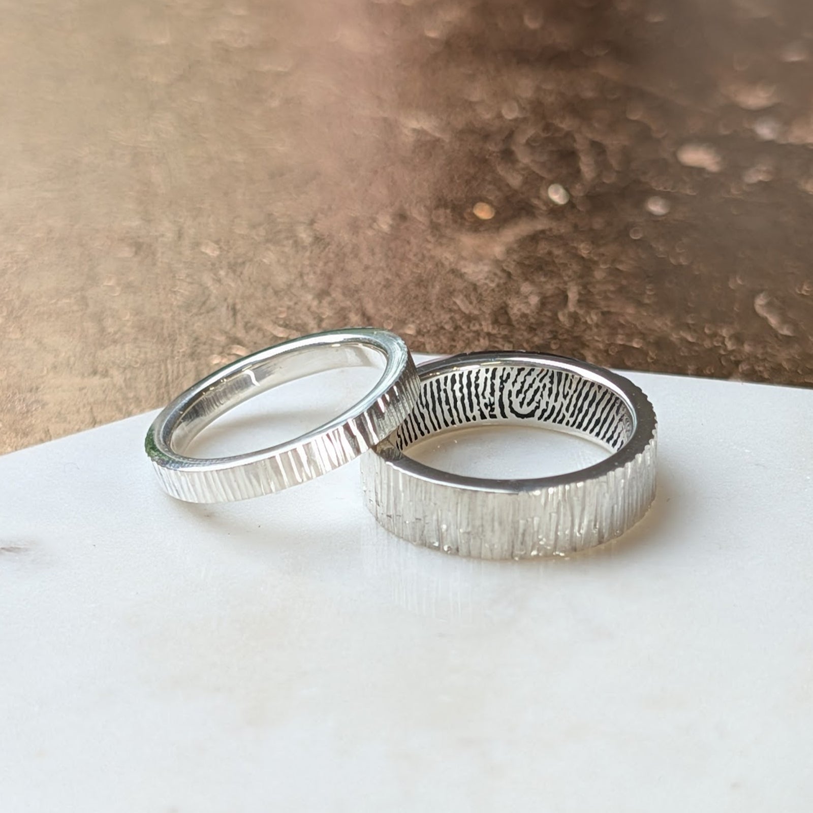 FINGERPRINT WEDDING RING SET - BARK TEXTURED BANDS