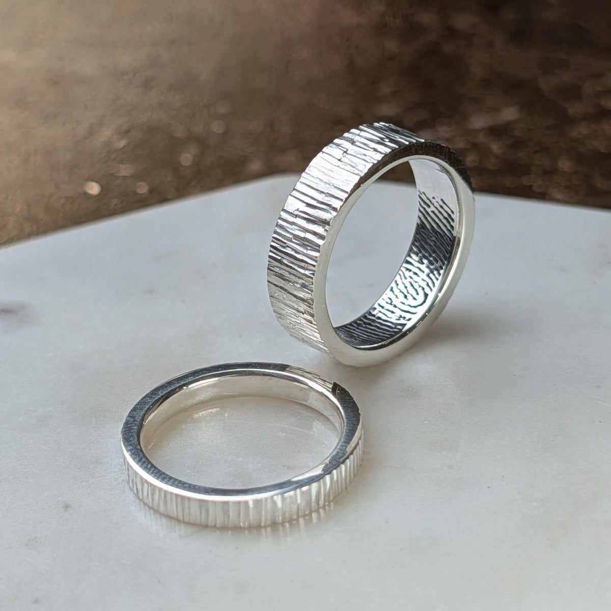 FINGERPRINT WEDDING RING SET - BARK TEXTURED BANDS