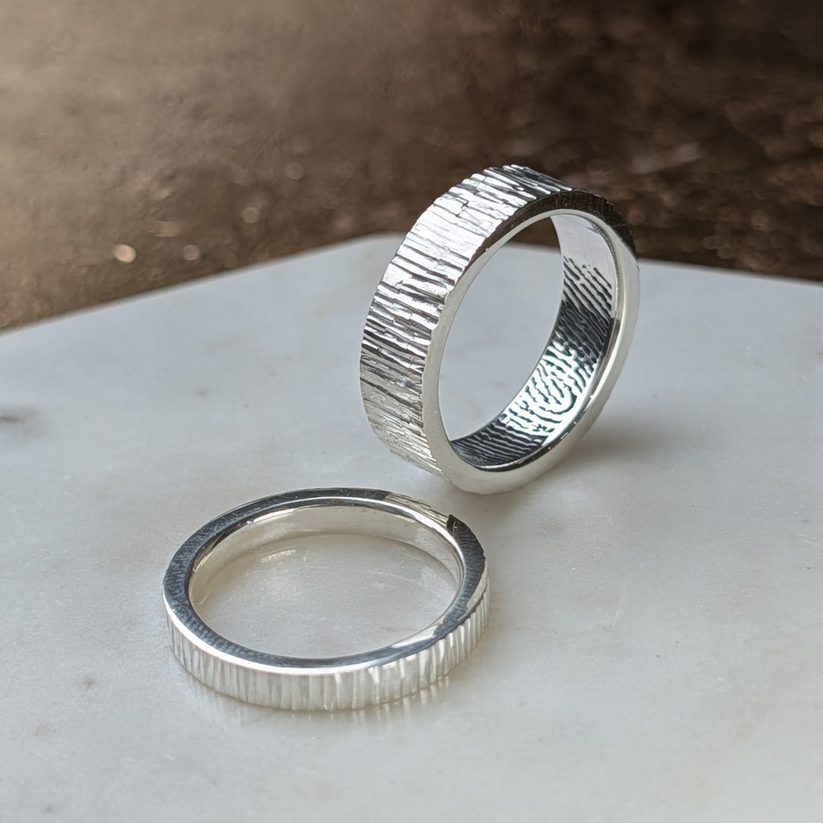 FINGERPRINT WEDDING RING SET - BARK TEXTURED BANDS