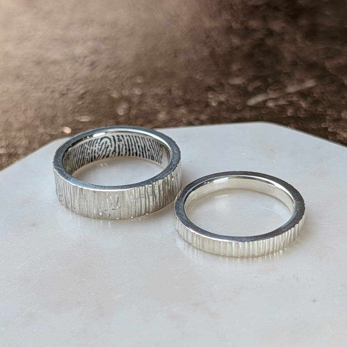 FINGERPRINT WEDDING RING SET - BARK TEXTURED BANDS