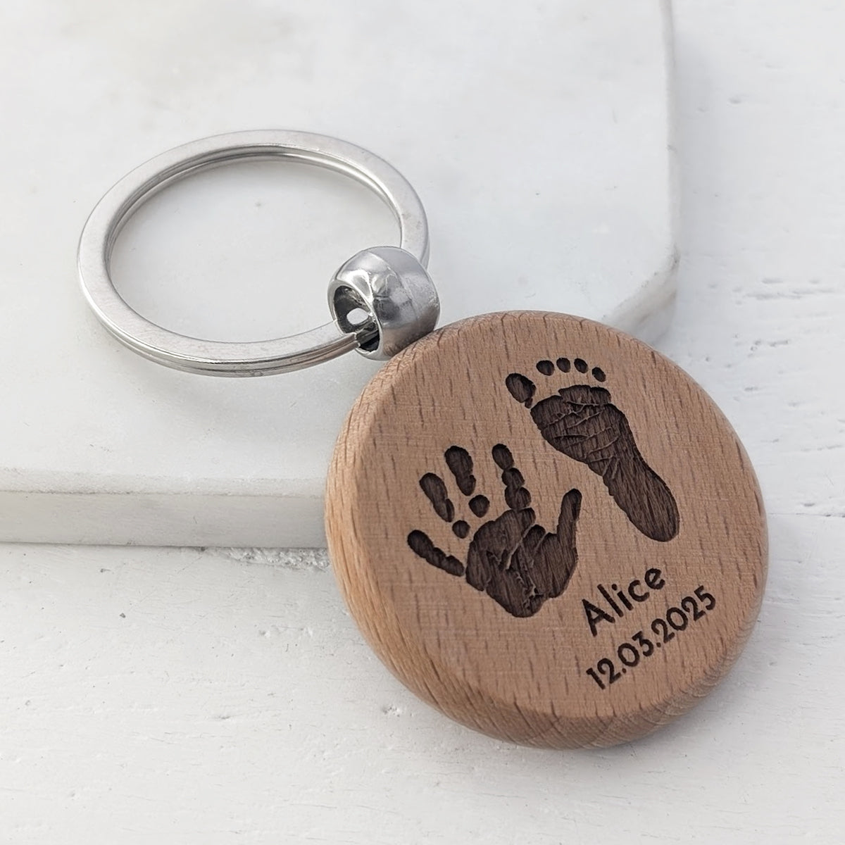 Wooden Baby Handprint and Footprint Round Keyring