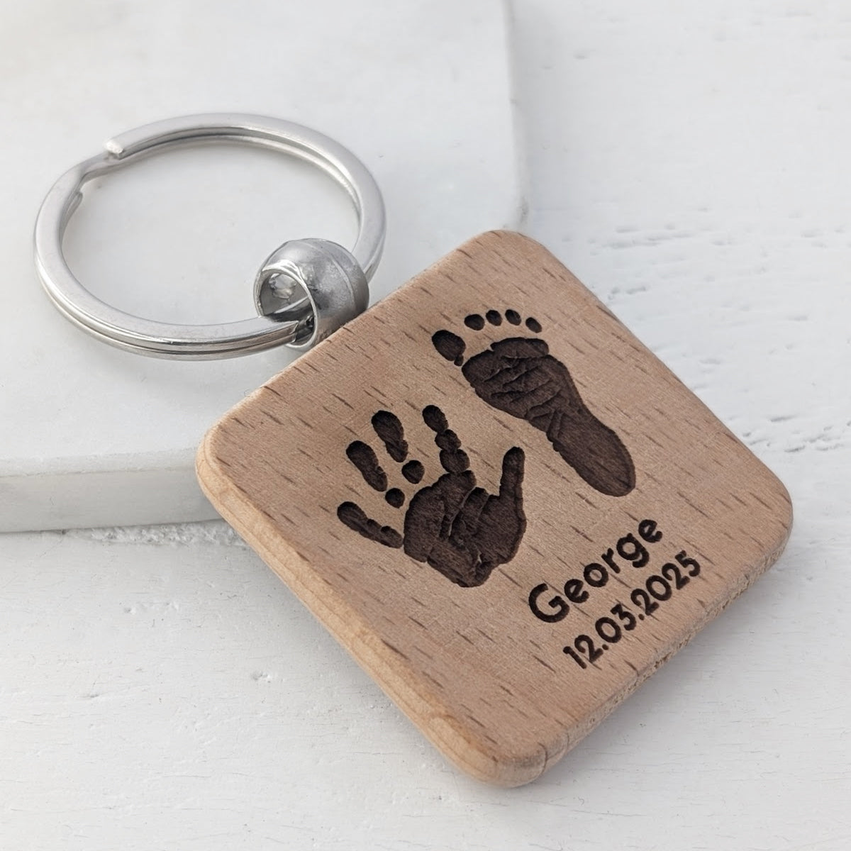 Wooden Handprint Footprint Keyring