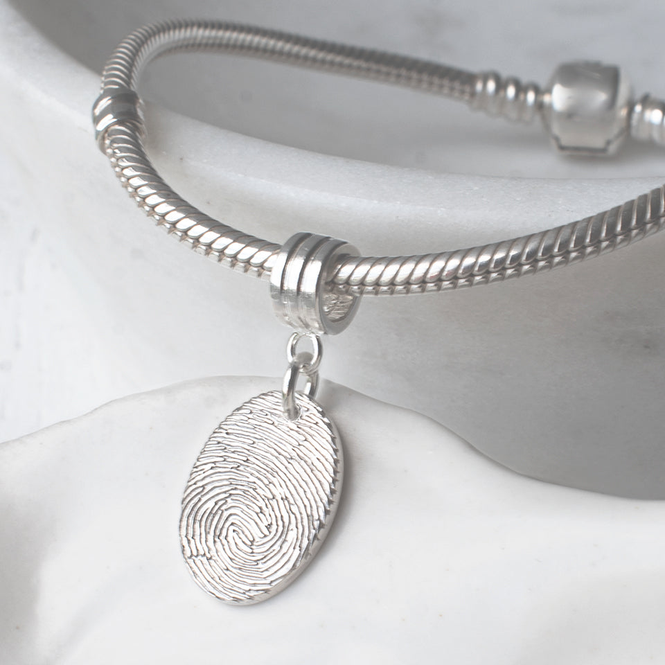 Oval Fingerprint Charm with charm carrier bead (fits pandora style jewellery)