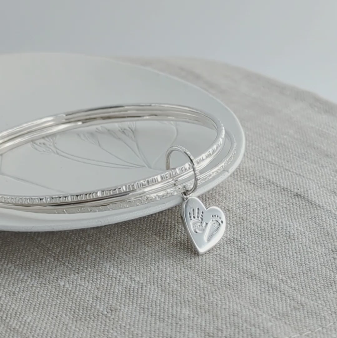 Handprint Footprint Silver Heart Charm with Triple Hammered Bangle