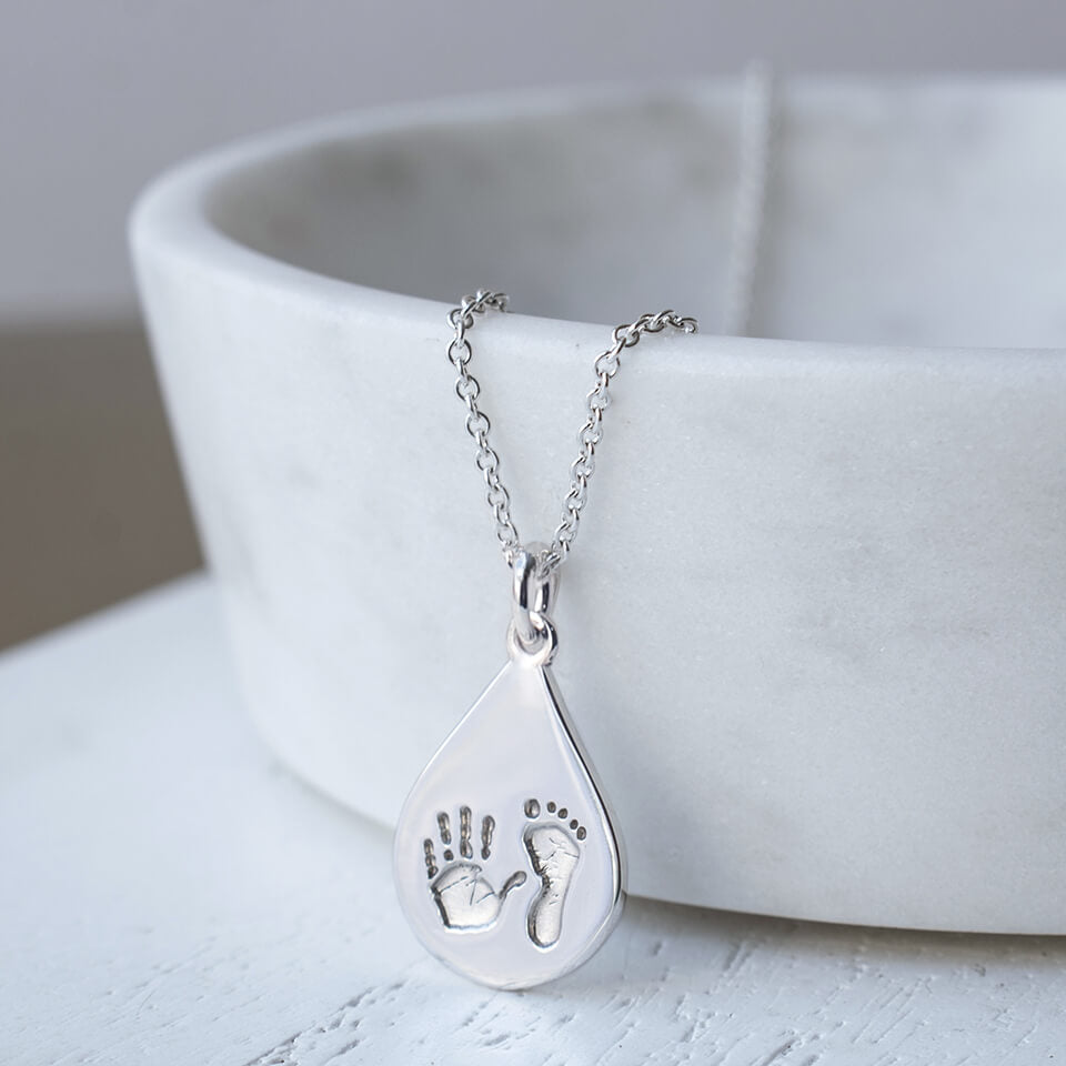 Baby handprint and footprint dewdrop charm necklace in silver or gold