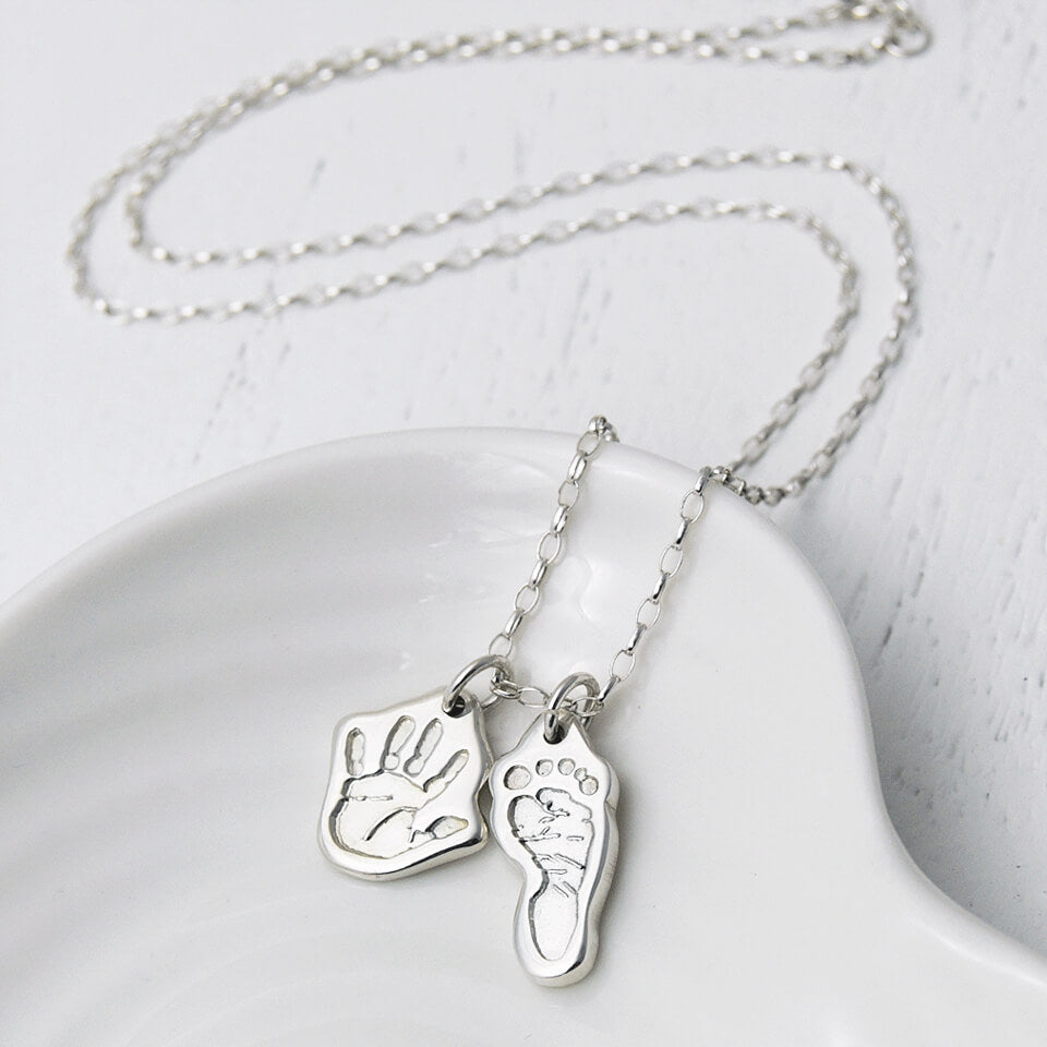 Baby Handprint and Footprint Sculpted Charm Necklace in silver or gold